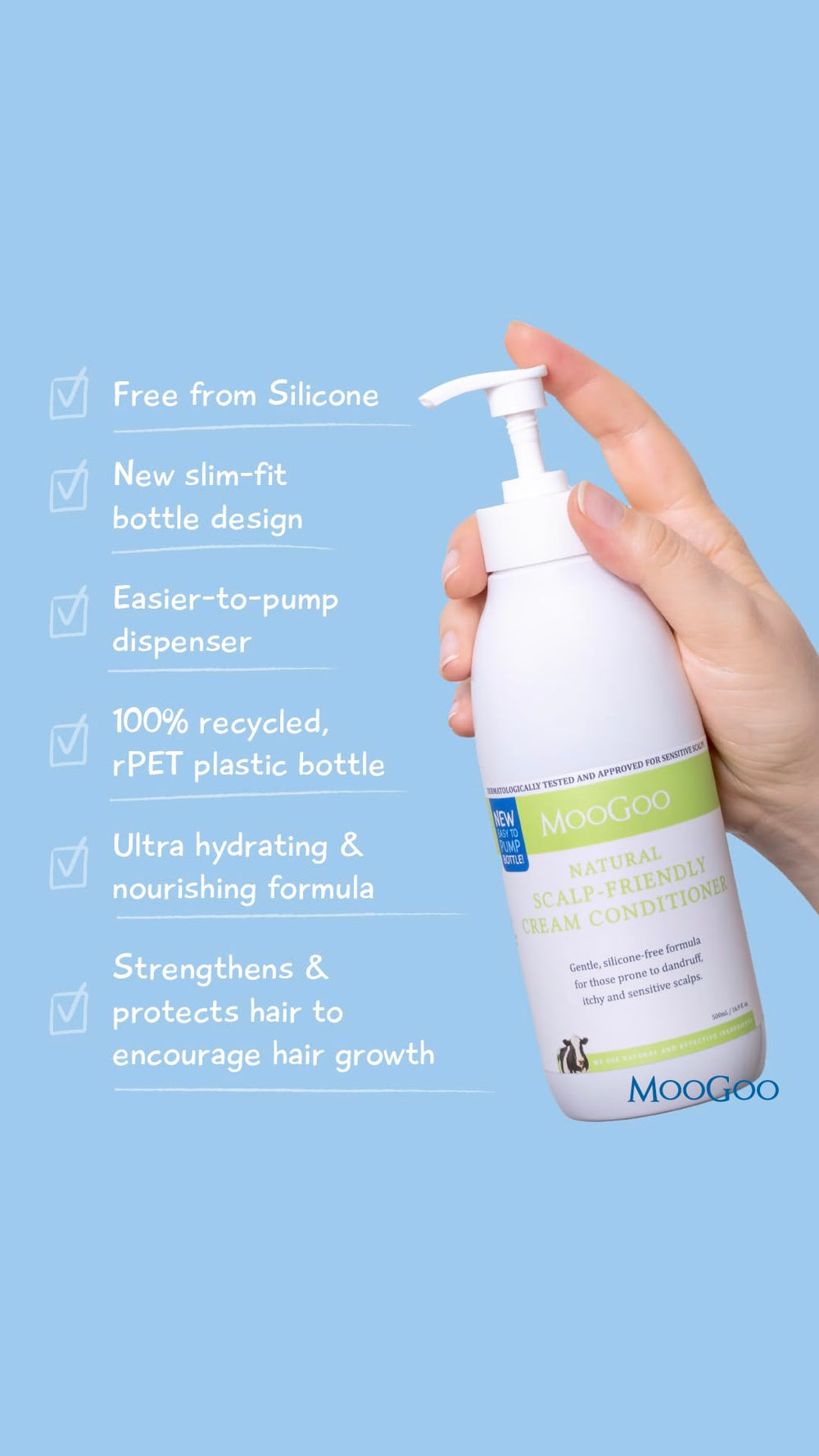 MooGoo bottle in hand demonstrating actual 16.9 fl oz scale
