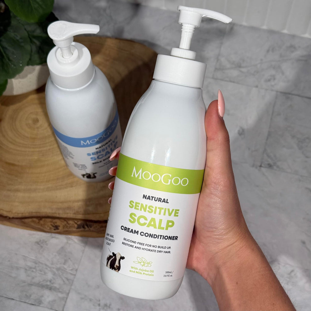 MooGoo shampoo and conditioner texture showing smooth consistency