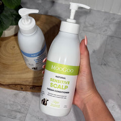 MooGoo shampoo and conditioner texture showing smooth consistency