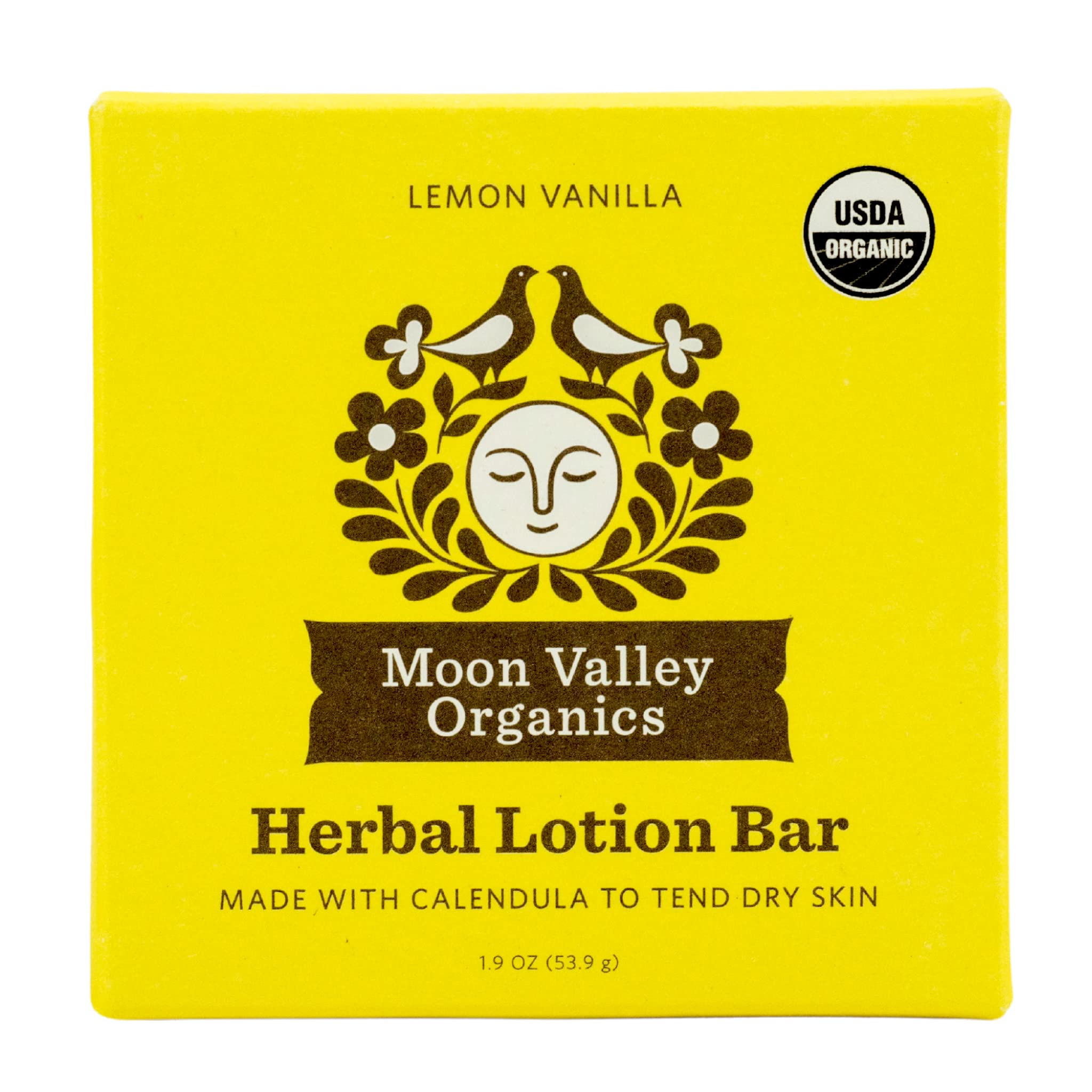 Moon Valley Organics front packaging showing lemon vanilla bar and tin, convenient travel-ready