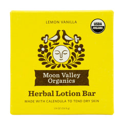 Moon Valley Organics front packaging showing lemon vanilla bar and tin, convenient travel-ready