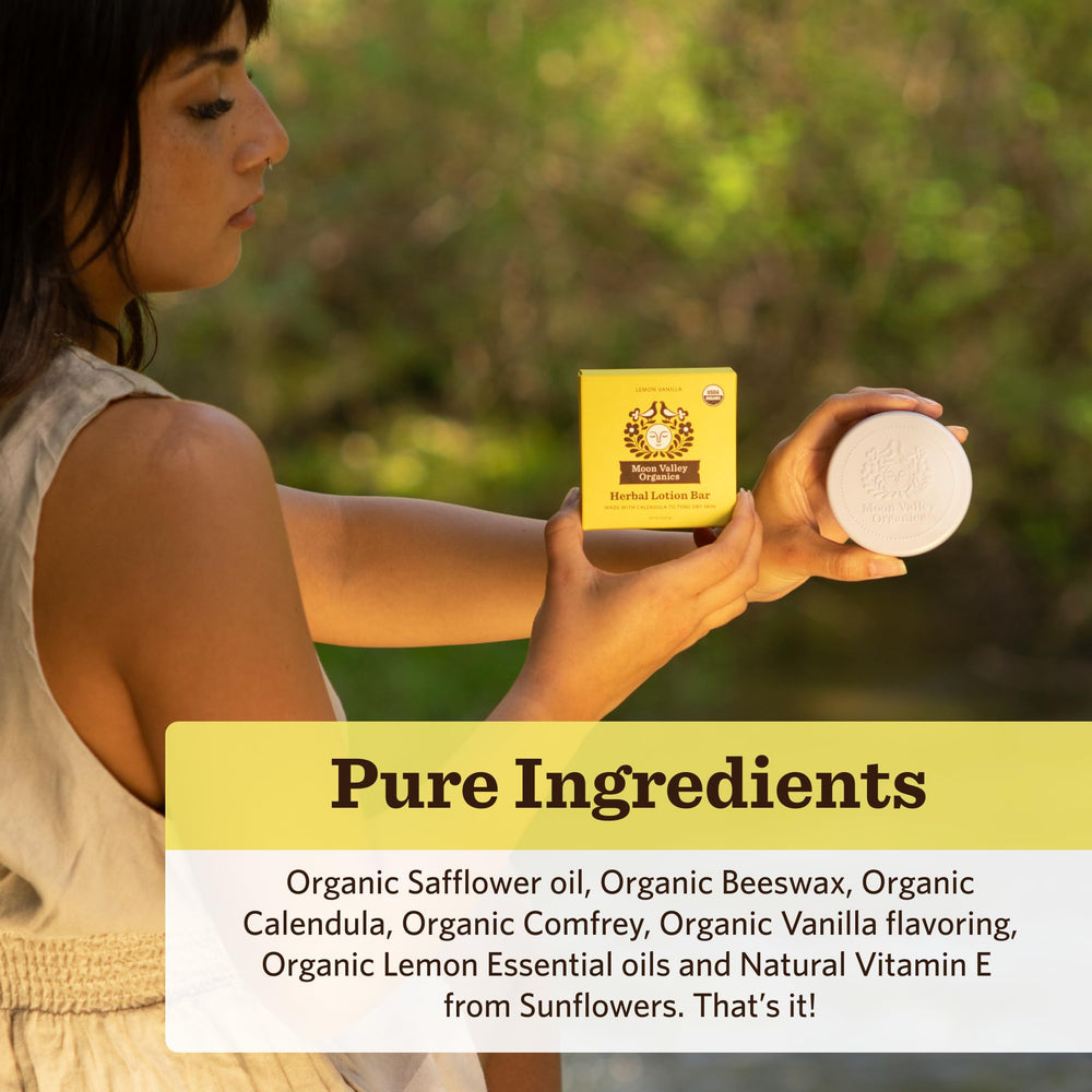 Moon Valley Organics ingredients display beeswax calendula comfrey, natural soothing advantage