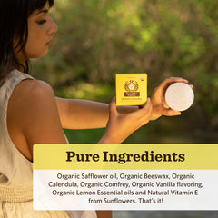 Moon Valley Organics ingredients display beeswax calendula comfrey, natural soothing advantage