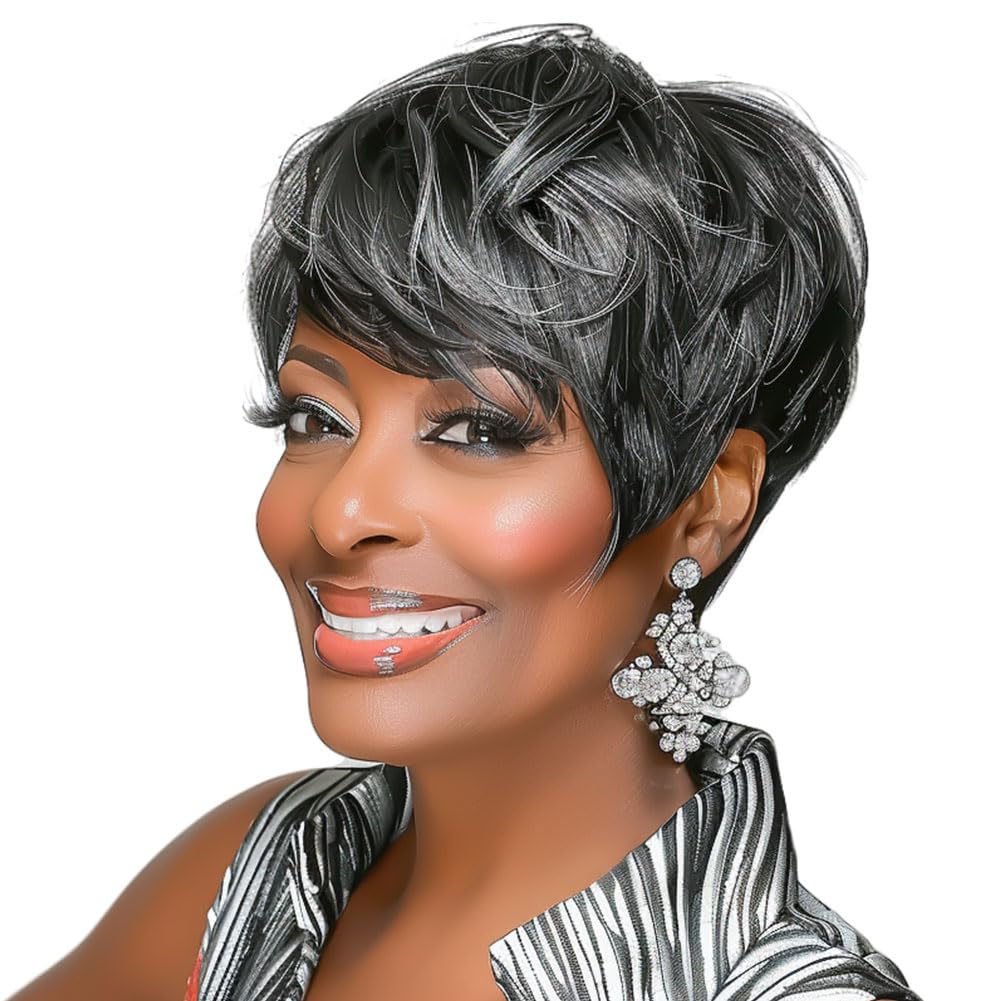 MOONSHOW front view of short grey pixie wig showing polished style benefit