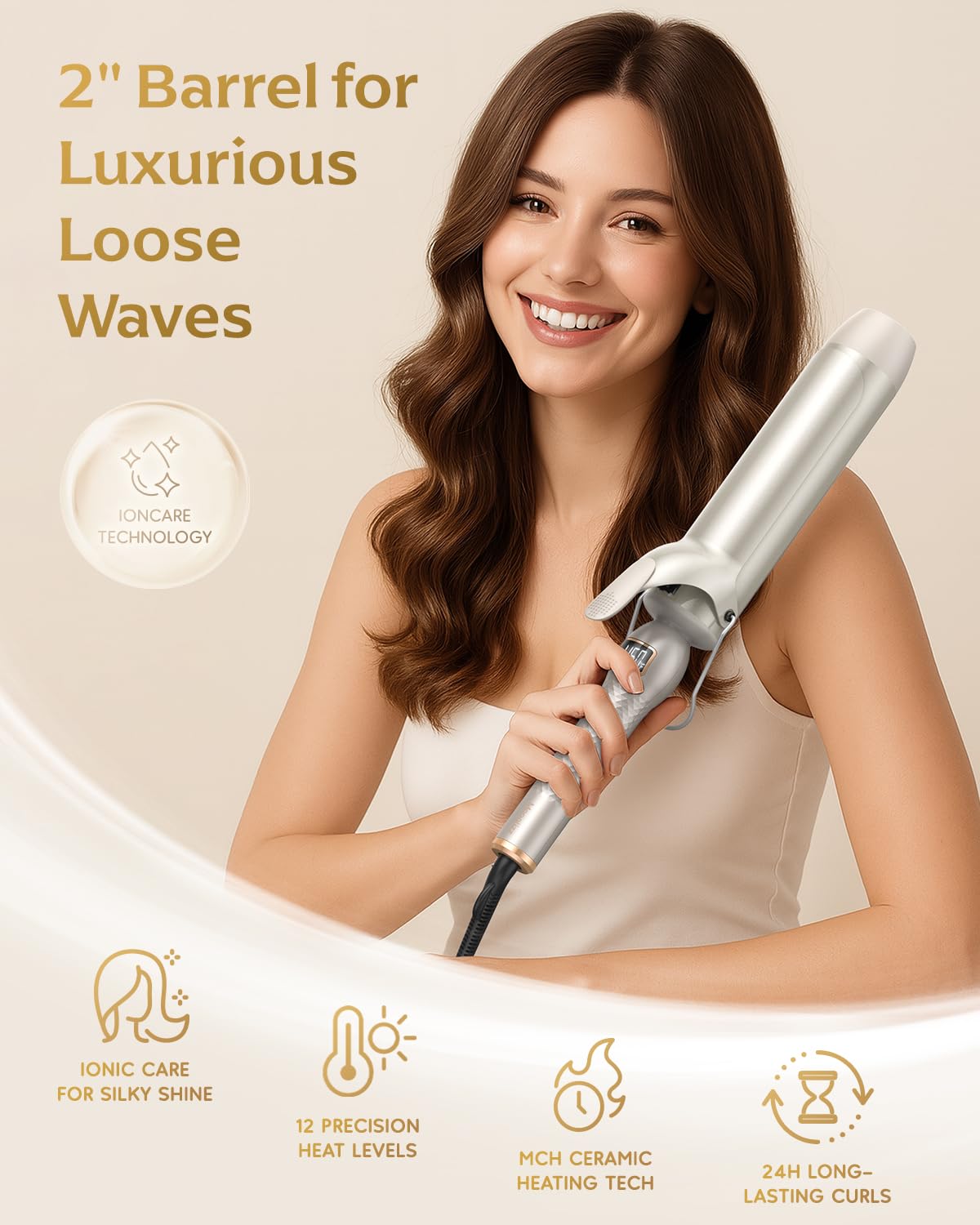 Mooqlizz close-up of ceramic-coated barrel highlighting even heat and reduced frizz