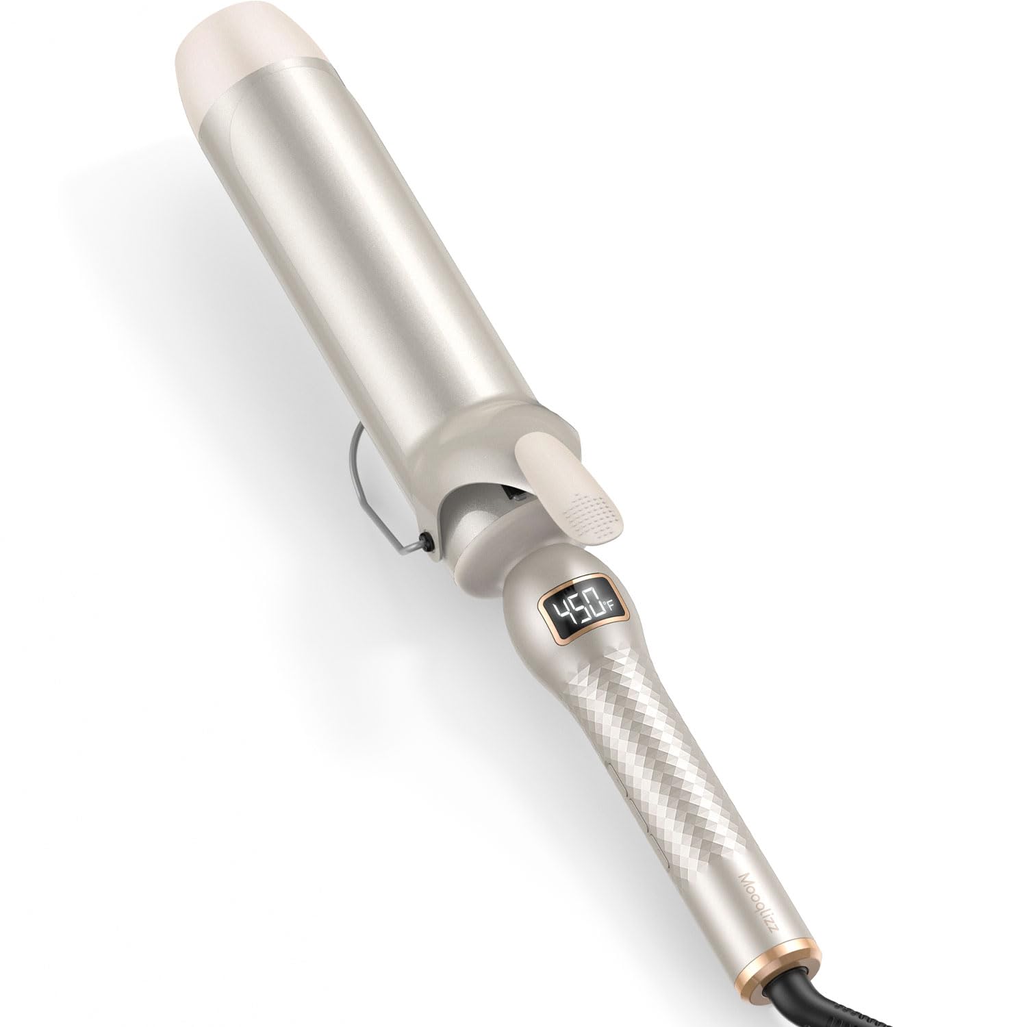Mooqlizz front view of gold 2-inch barrel curling iron showing sleek design and benefit
