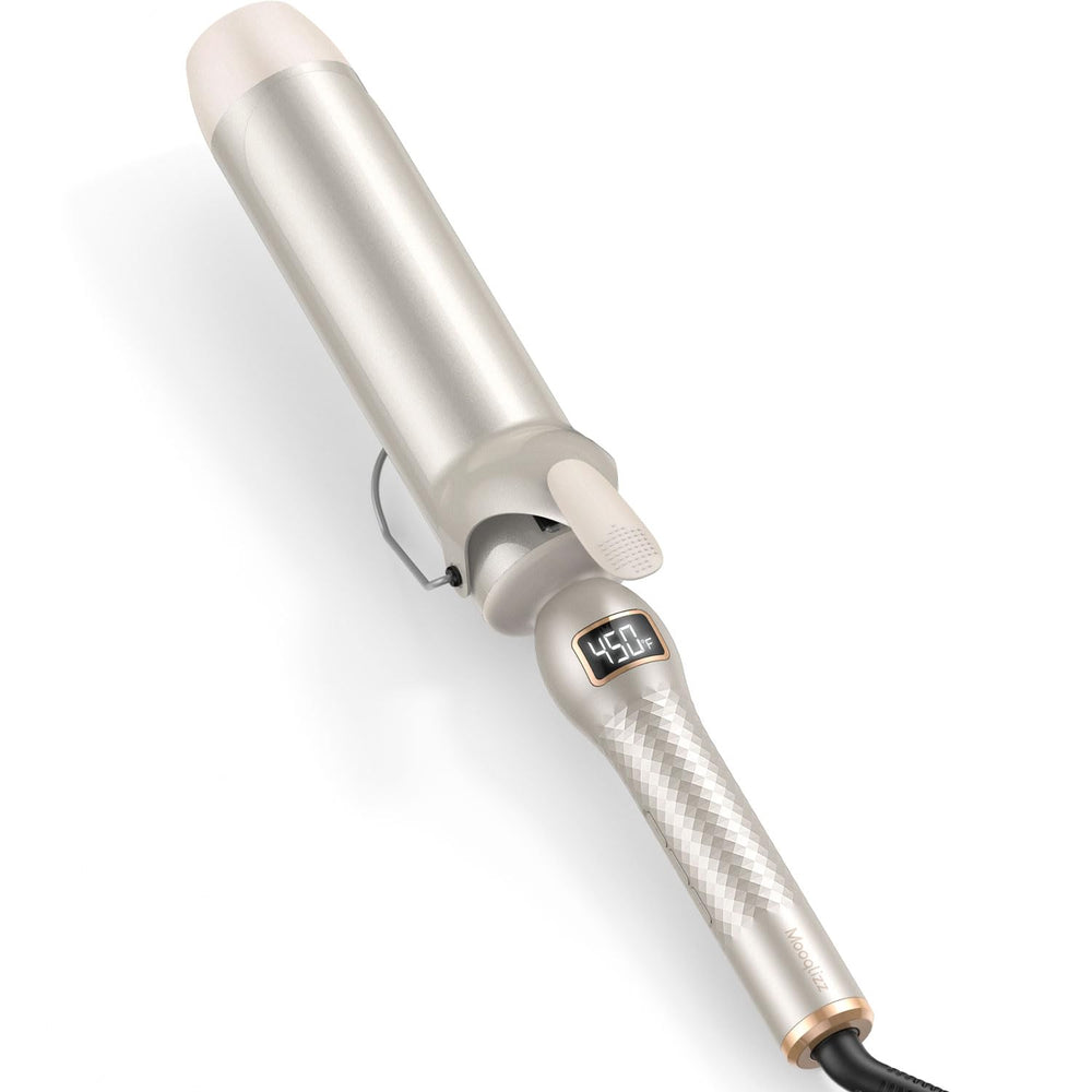 Mooqlizz front view of gold 2-inch barrel curling iron showing sleek design and benefit