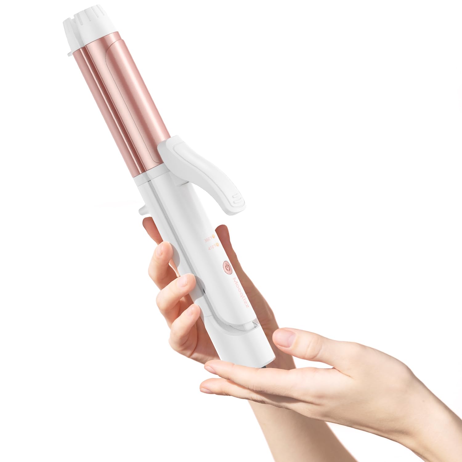 Mooqlizz front view of compact dual-voltage curling iron, convenient travel styling