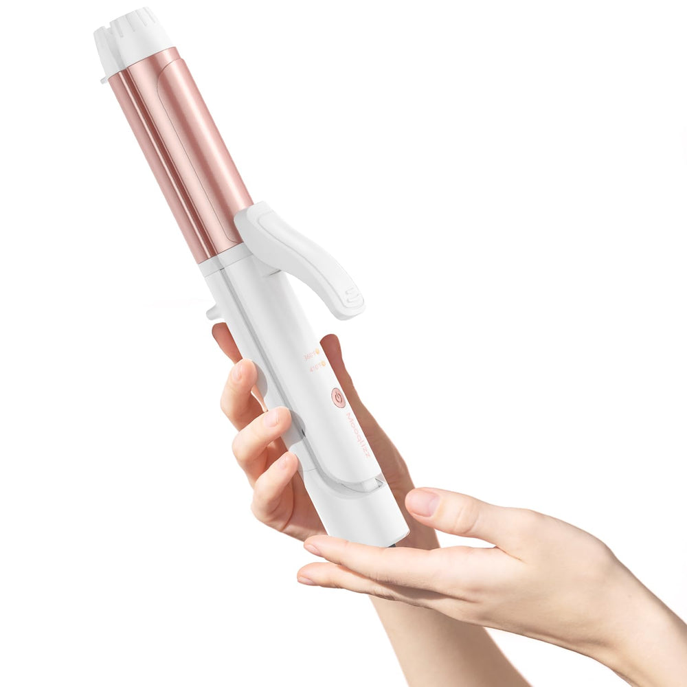 Mooqlizz front view of compact dual-voltage curling iron, convenient travel styling