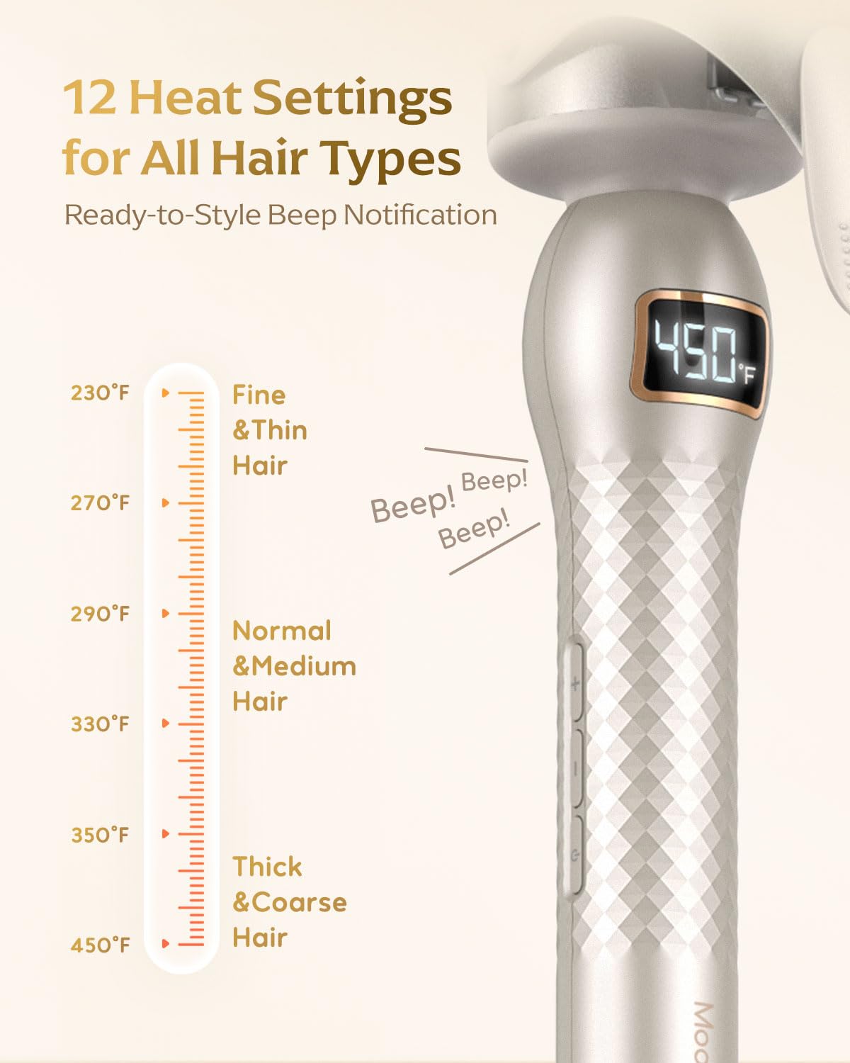 Mooqlizz curling iron in hand for scale demonstrating comfortable grip and control benefit