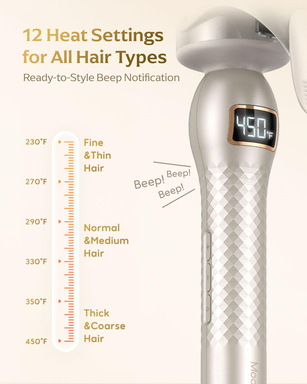 Mooqlizz curling iron in hand for scale demonstrating comfortable grip and control benefit