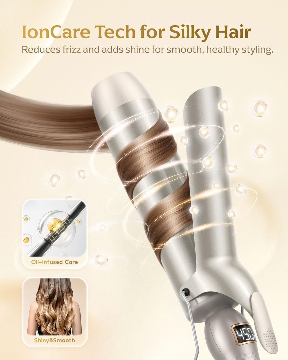 Mooqlizz wand styling long hair into loose waves showing quick results benefit