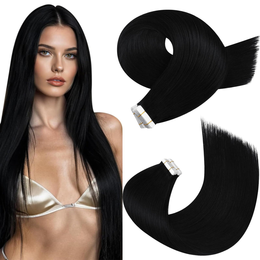 Moresoo front packaging showing 18-inch tape-in extensions and benefits
