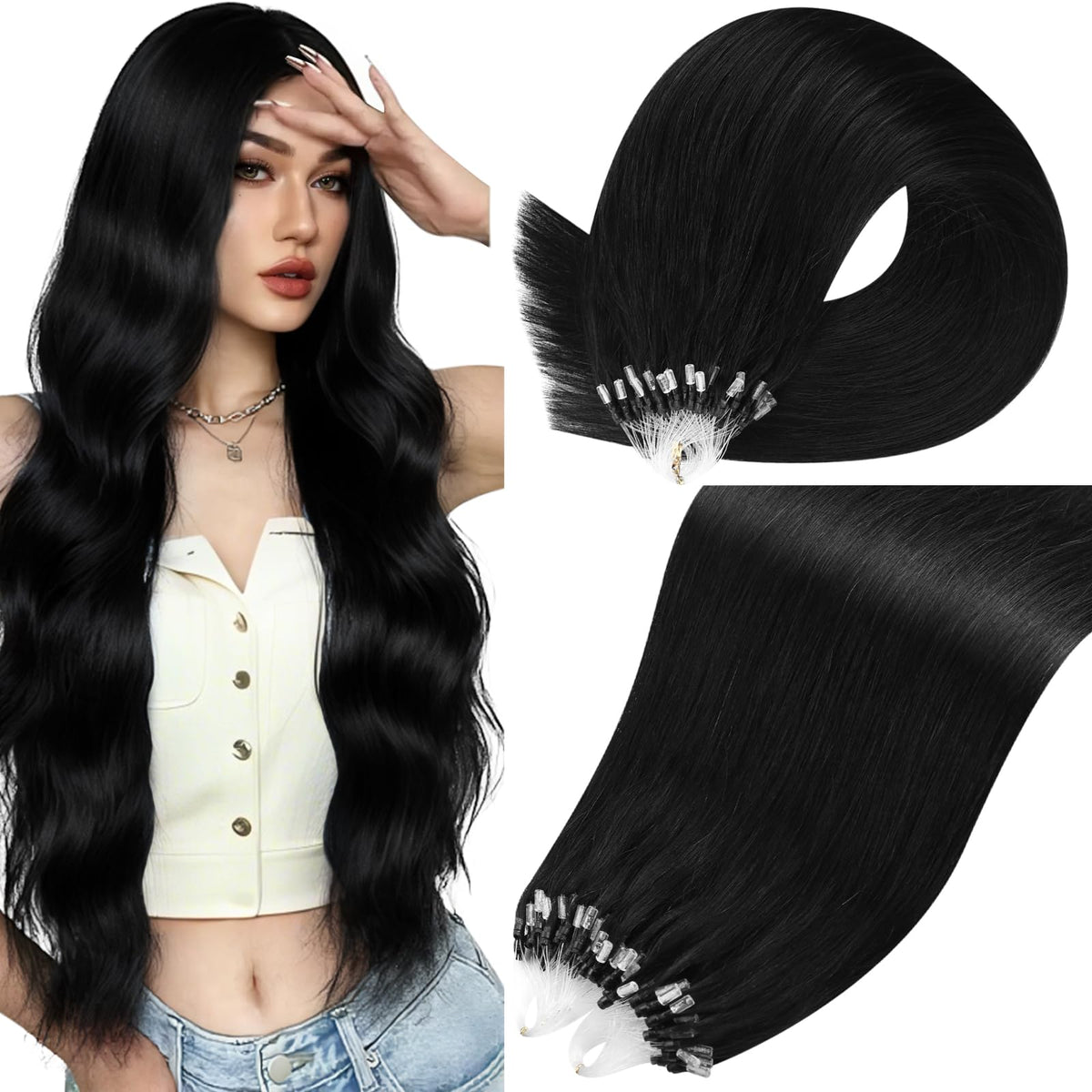 Moresoo front packaging showing jet black 24 inch extensions and benefits