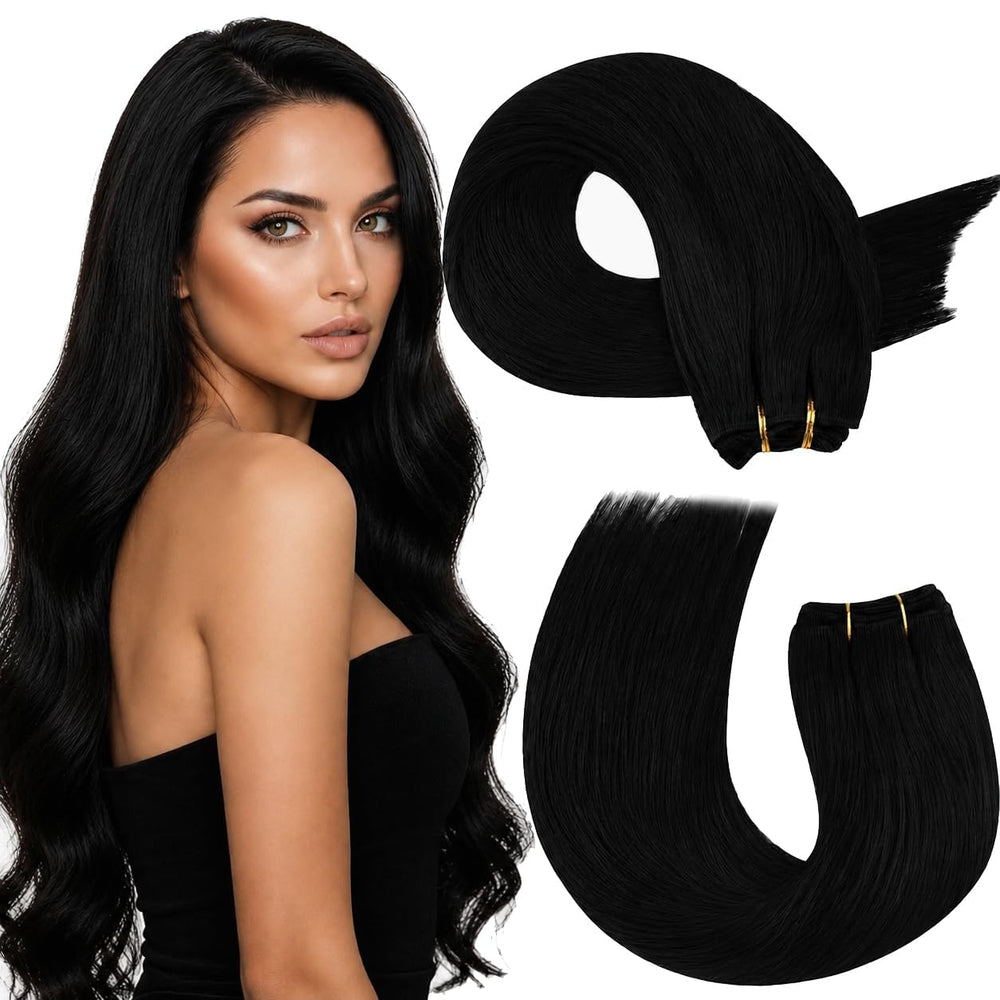 Moresoo front packaging showing jet black weft benefits for salon-ready length