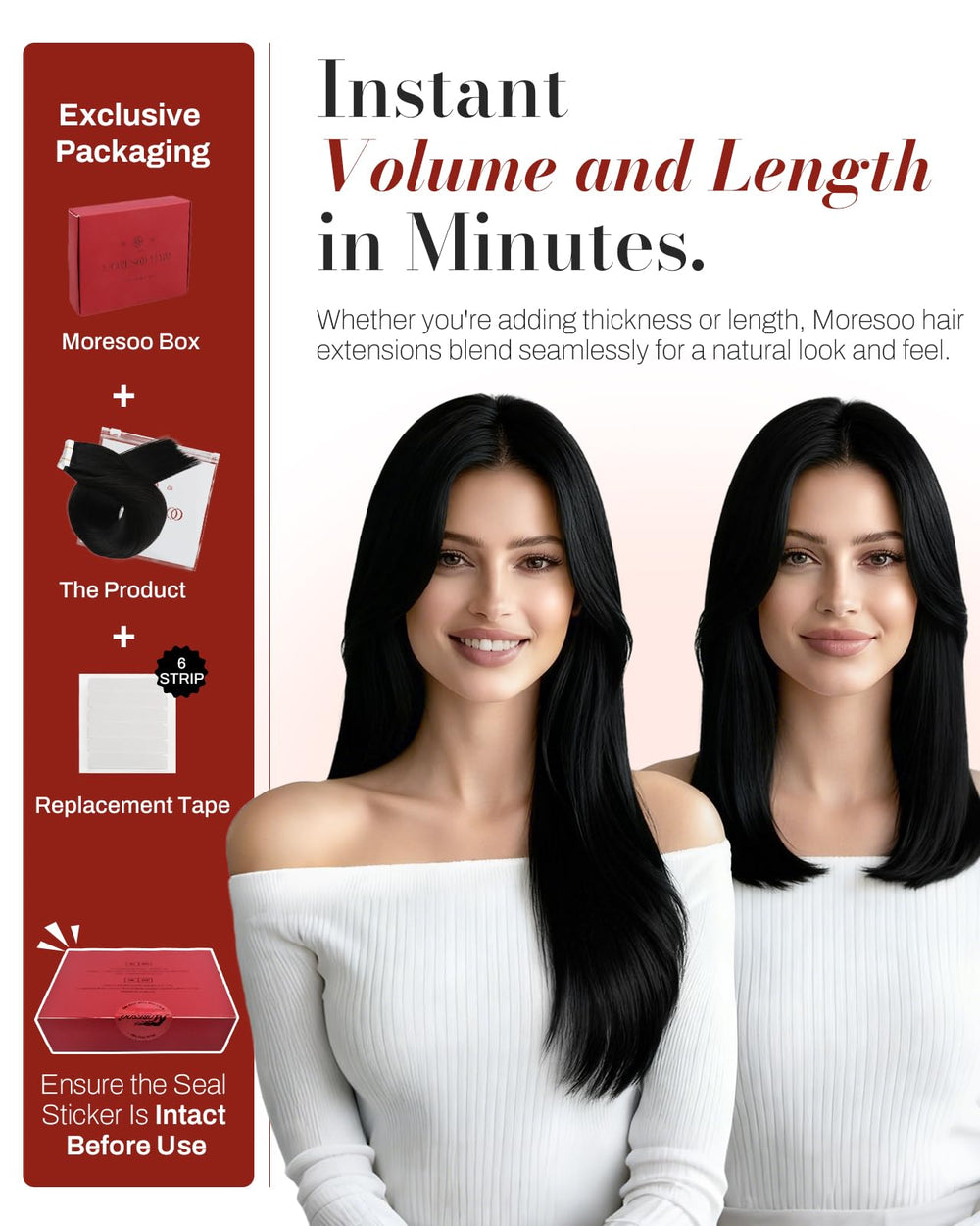 Moresoo 18-inch extensions beside hand to show length and scale benefit