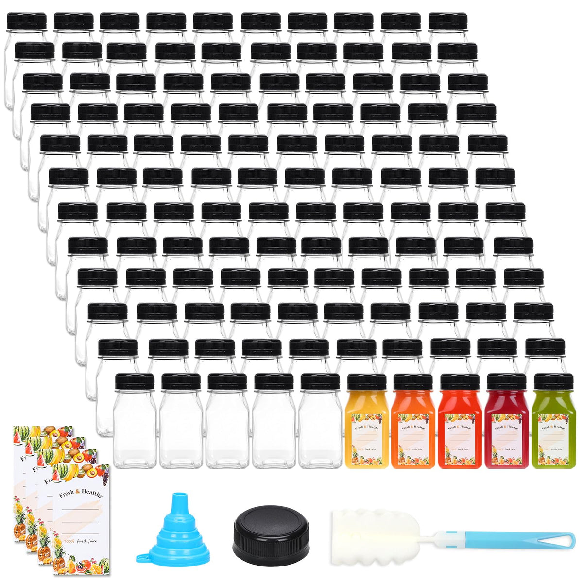 Moretoes front packaging showing 144 clear 4oz bottles and caps, ideal for bulk use