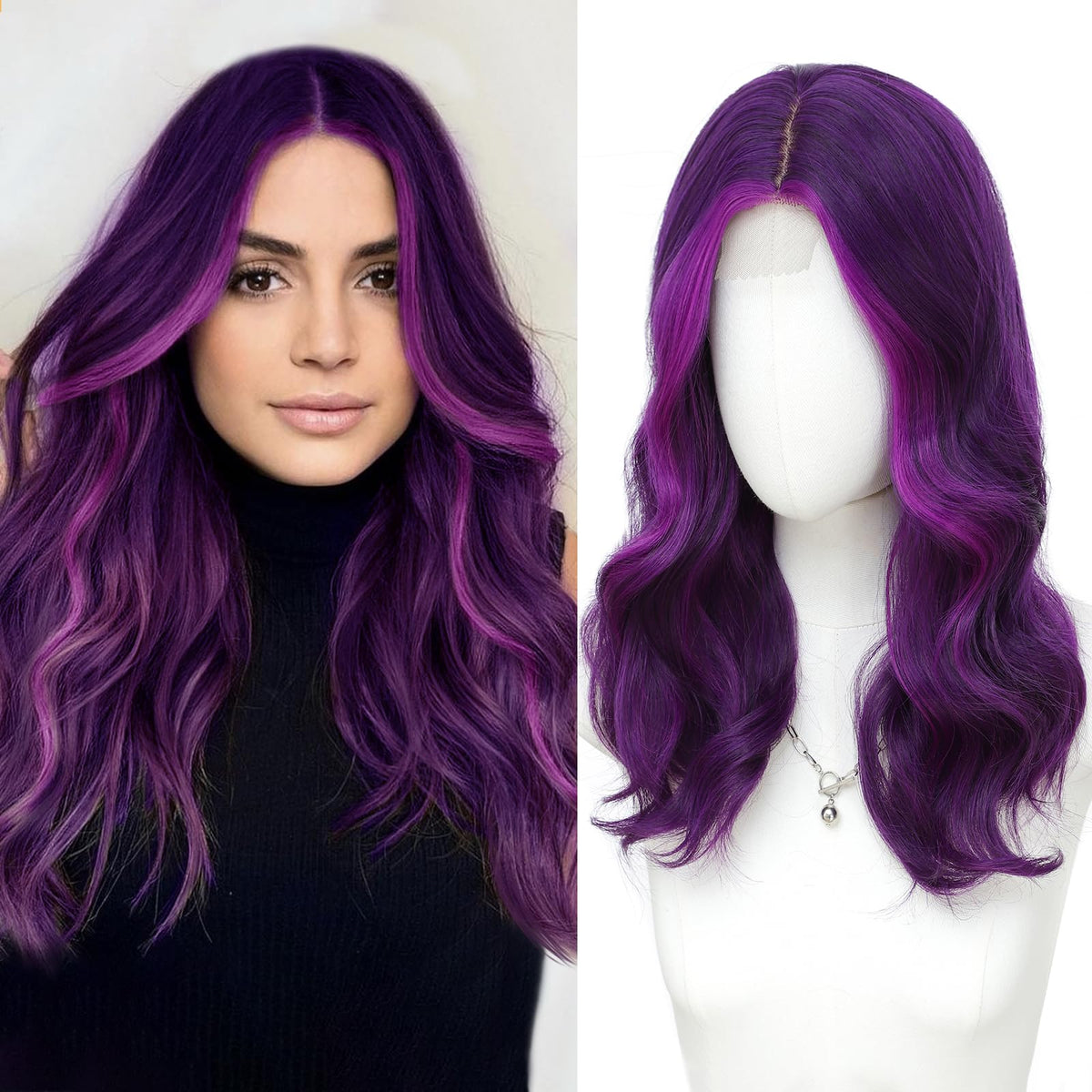 MORICA front view purple wig showing natural waves and ready-to-wear confidence