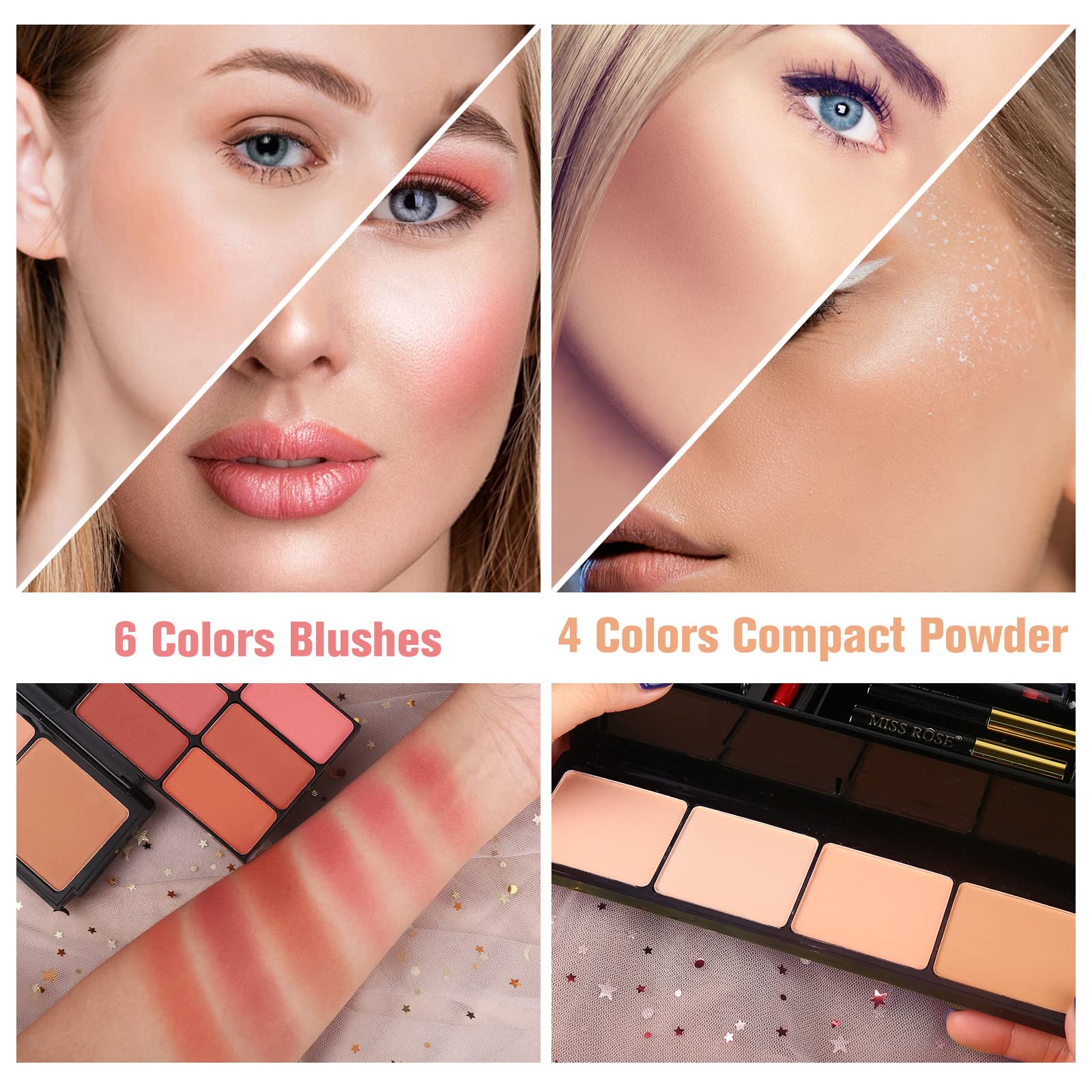 MORNECA blusher and lipsticks arranged to show color variety for day-to-night looks