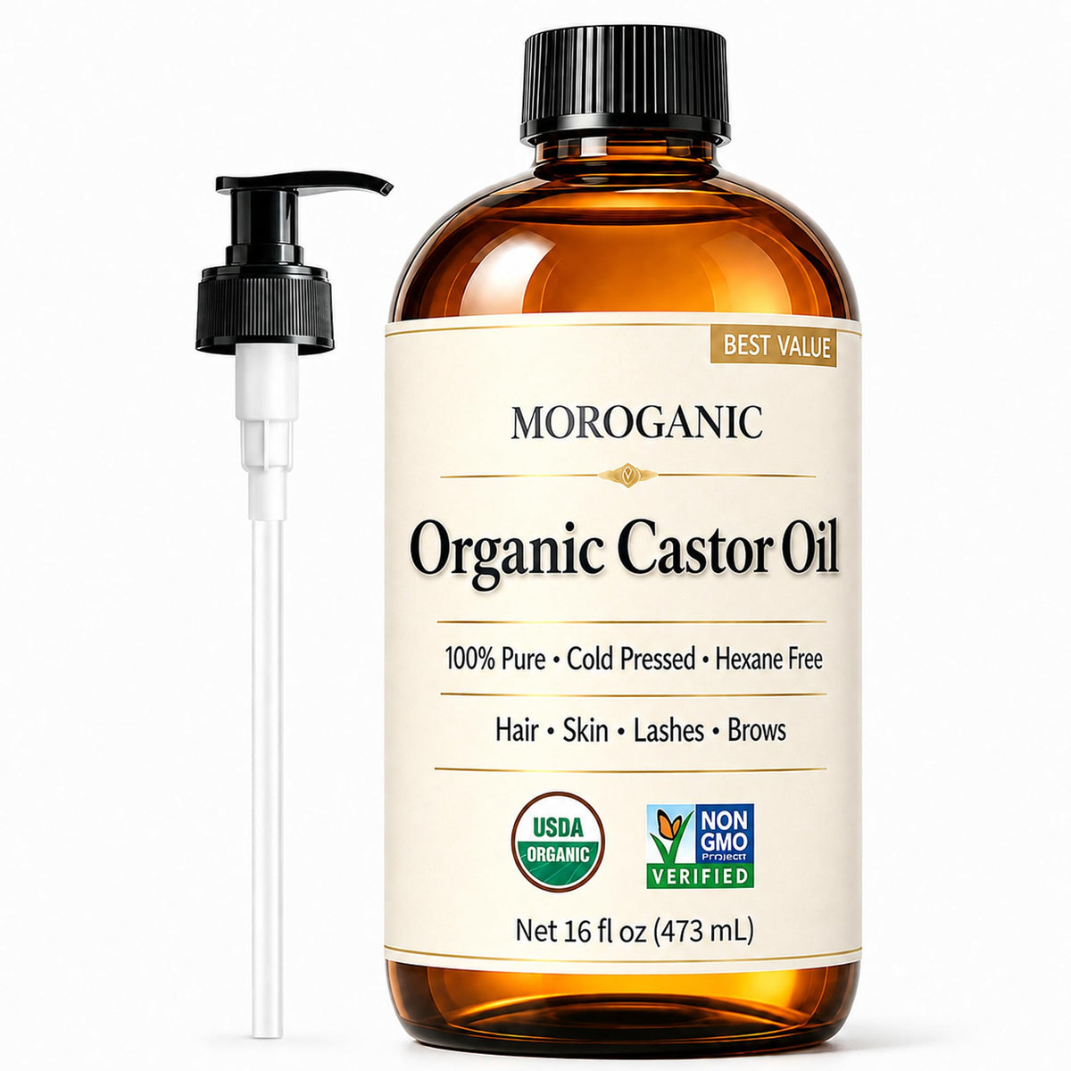 Moroganic castor oil front bottle showing clean packaging and benefit of purity