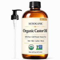 Moroganic castor oil front bottle showing clean packaging and benefit of purity