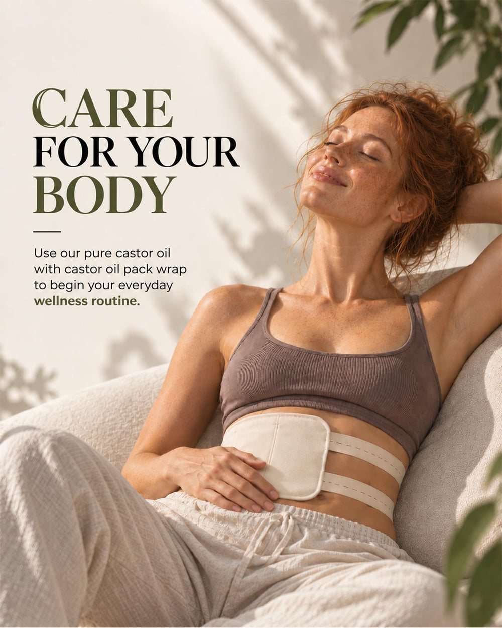 Moroganic castor oil pack setup on flannel for comforting, at-home wellness