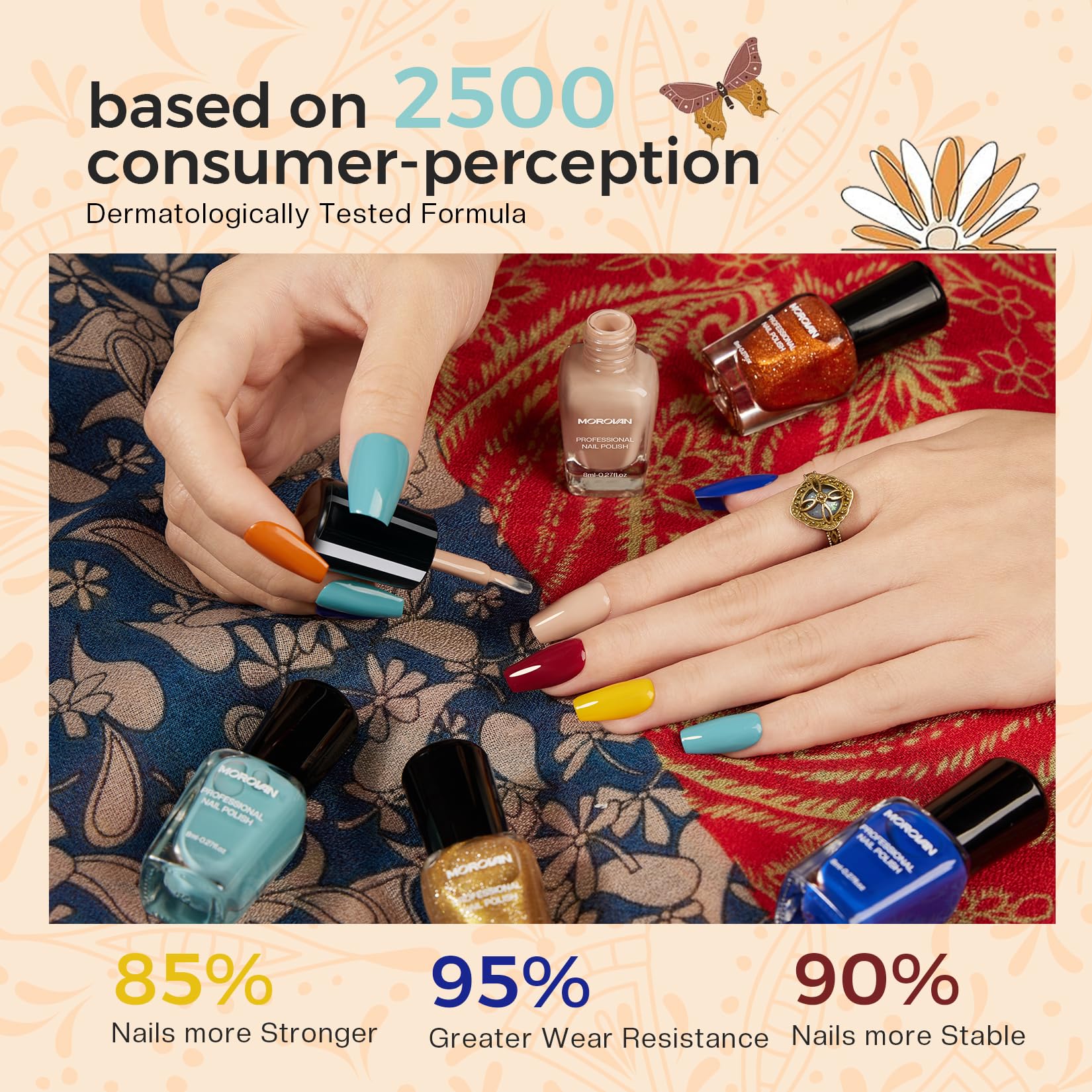 Hand wearing Morovan boho manicure at a music festival conveying durable, festival-ready nails