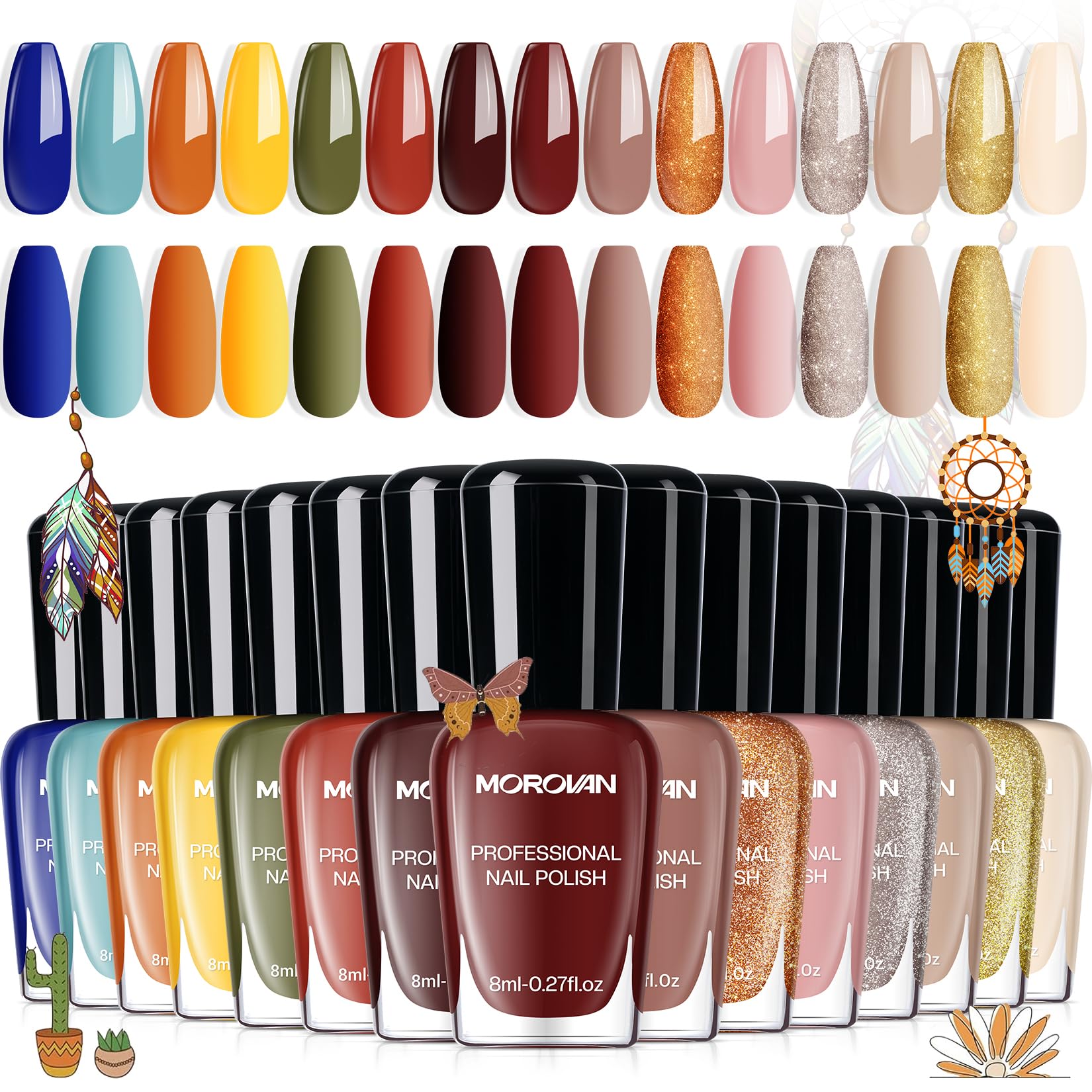Morovan front packaging showing 15 boho nail polish bottles and color range for versatile styling