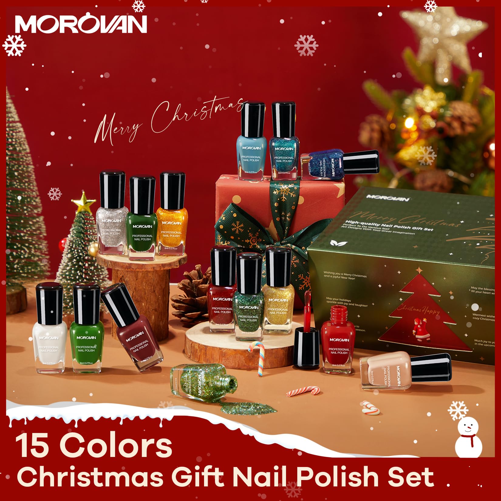 Morovan Christmas green bottle highlighting deep pigment for bold nails
