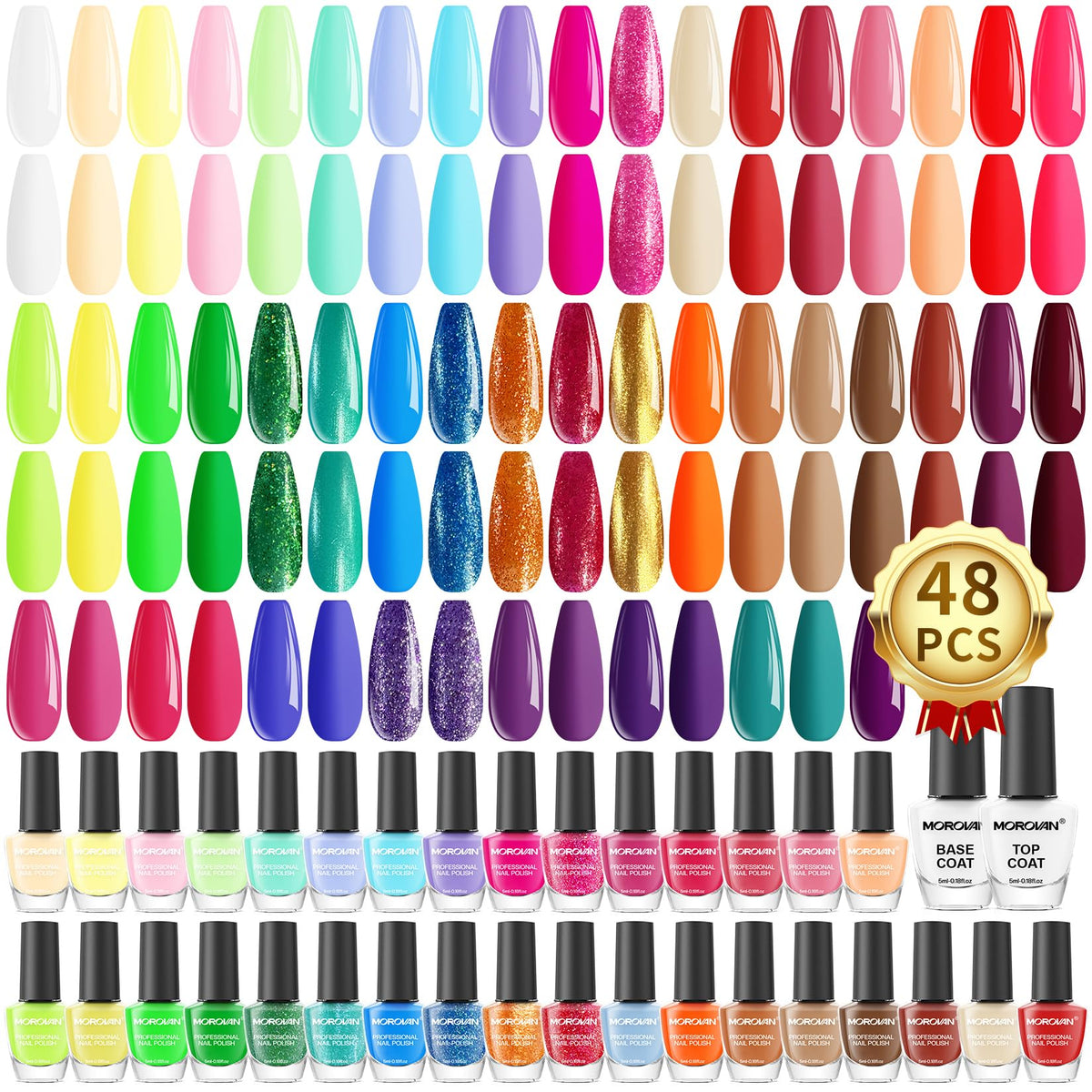Morovan front packaging showing the full 48-piece kit and base top coats for variety