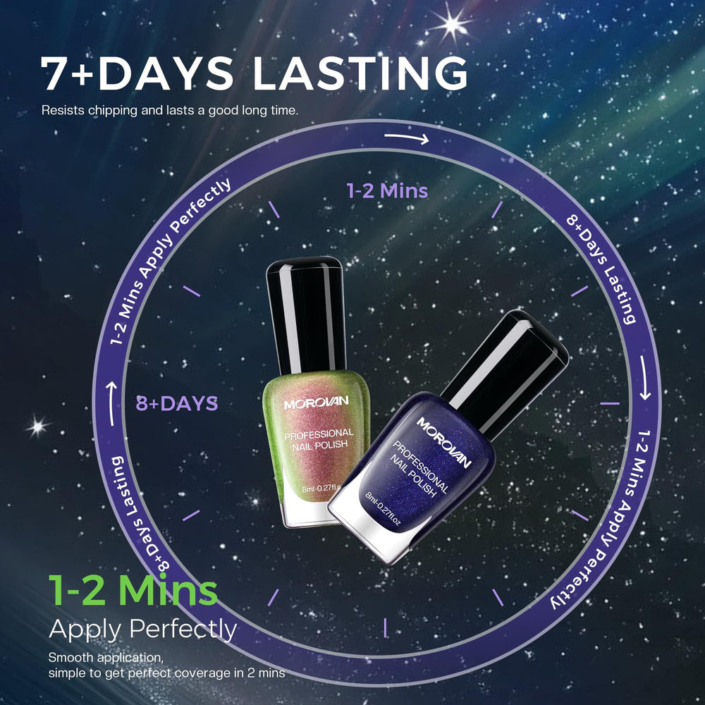 Morovan hand model lifestyle shot showing holographic shimmer on nails benefit