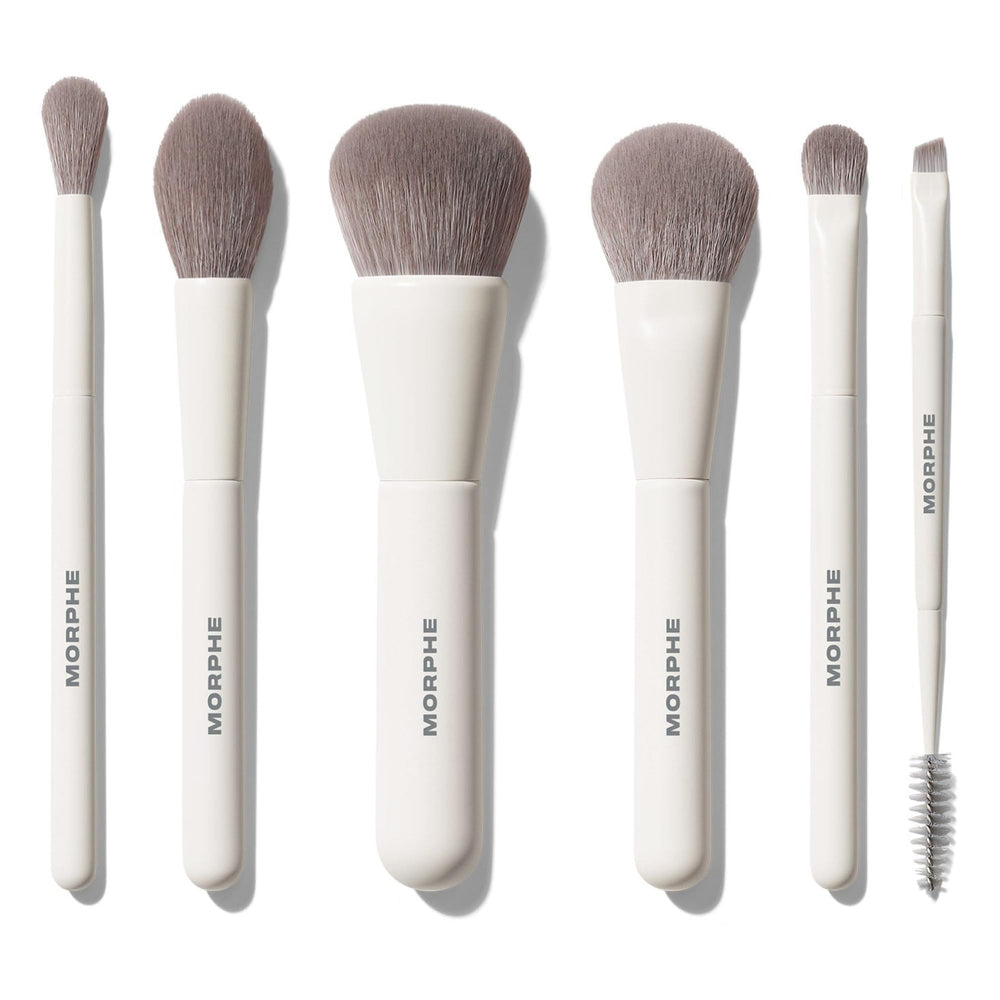 MORPHE front view of six-piece brush set and silicone bag, travel-ready organization