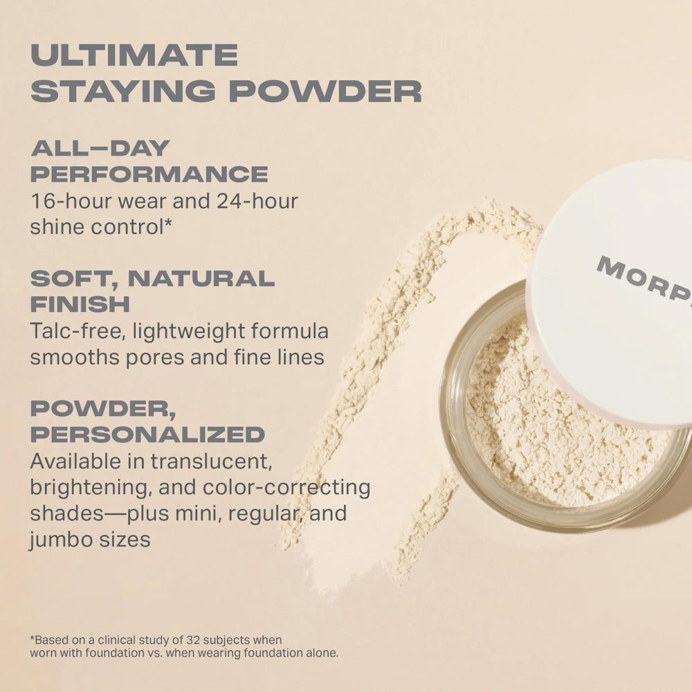 MORPHE powder in use under-eye baking demonstrating brightening and crease control