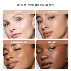 MORPHE swatch on arm displaying sheer sunrise shade and subtle light-reflecting effect