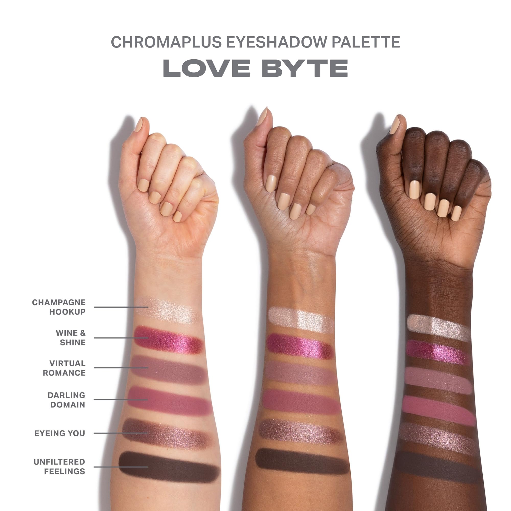 MORPHE Love Byte textured swatches on skin showcasing smooth blendable finishes