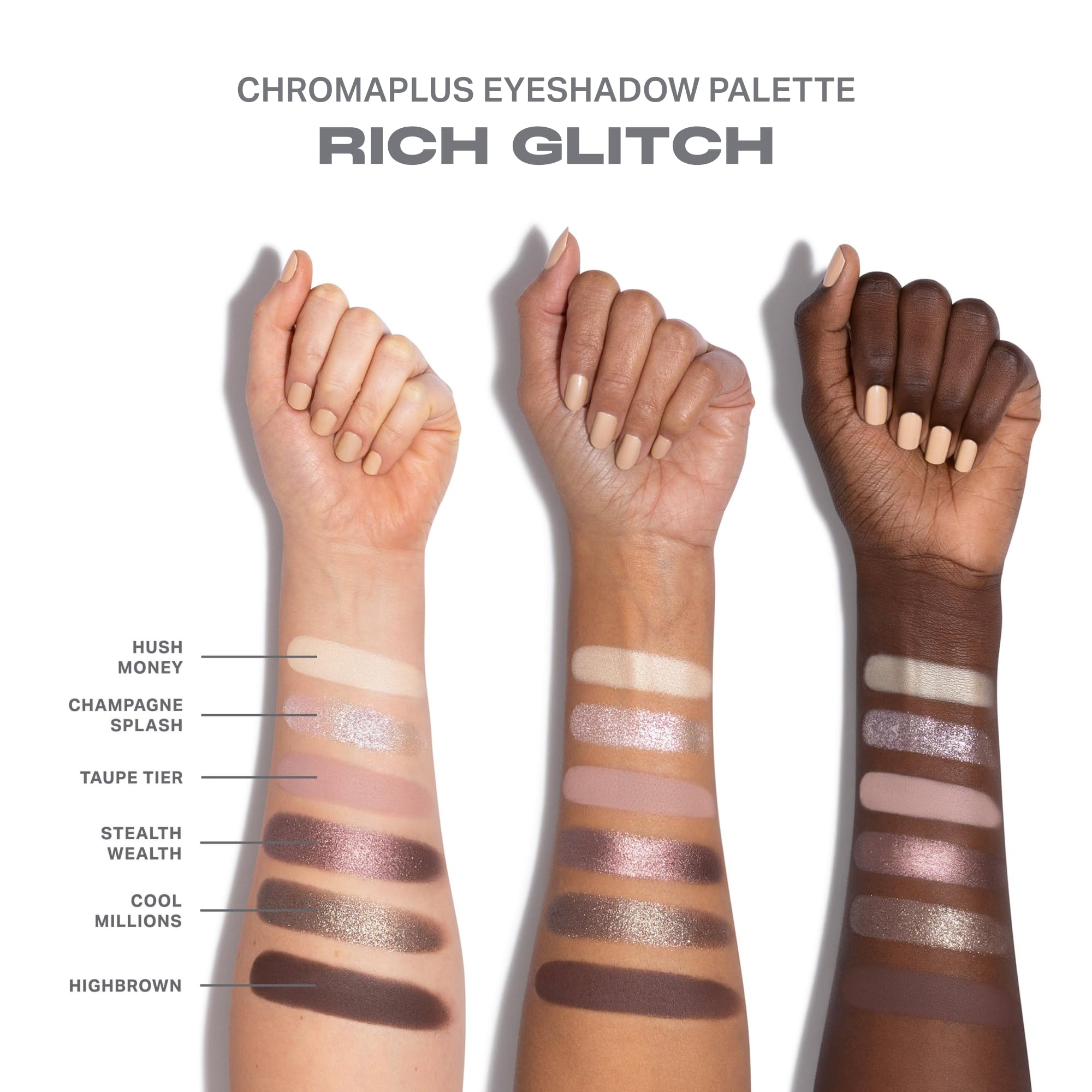 MORPHE swatches on arm illustrating smooth blendability and true-to-pan pigmentation