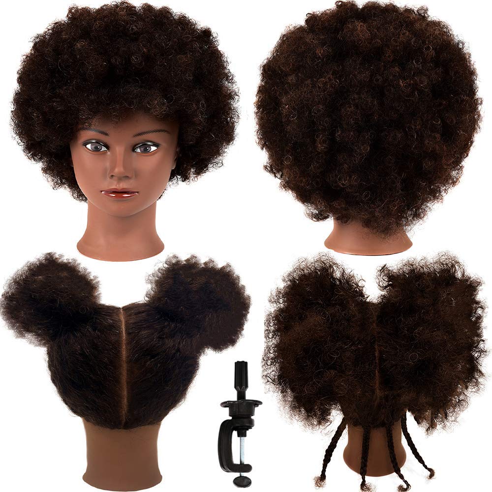 MORRIS front view of 10-inch mannequin head showing curly hair for realistic practice