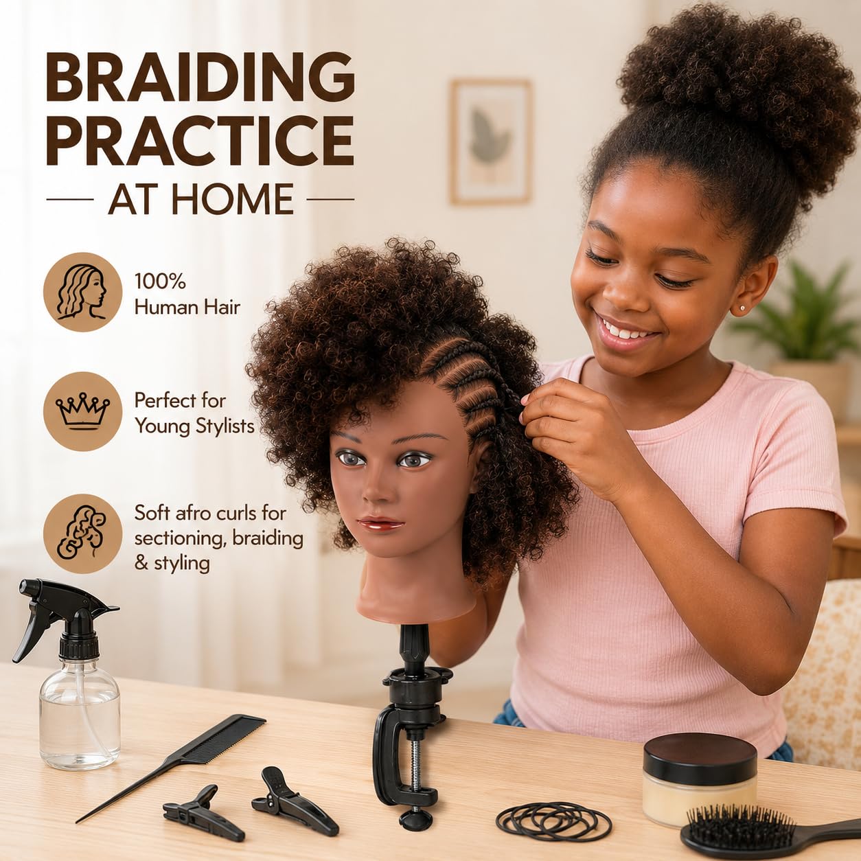 MORRIS mannequin mounted on desk clamp demonstrating hands-free styling benefit