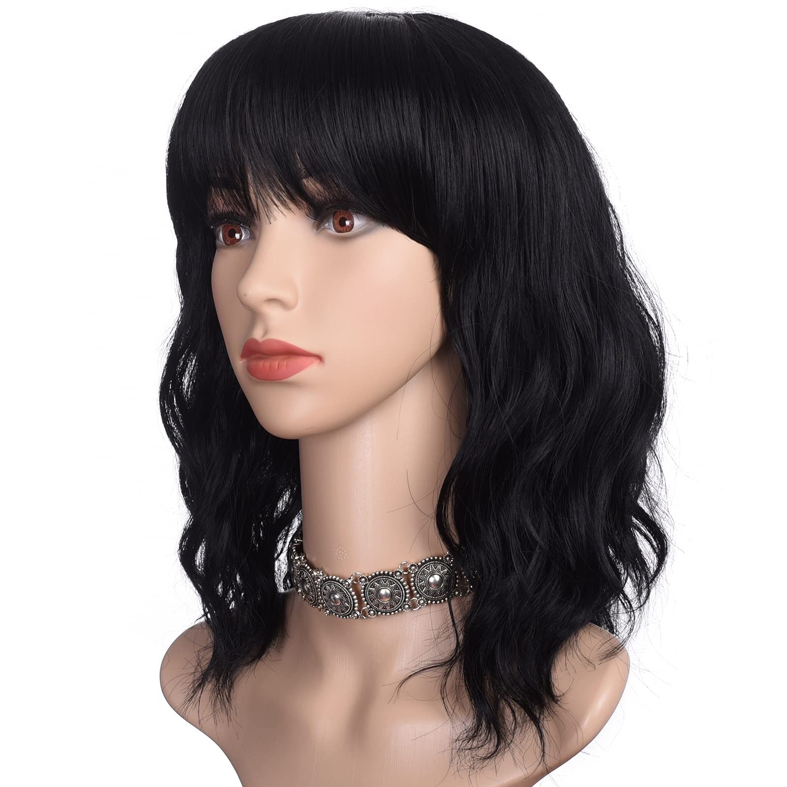 morvally front view of black wavy bob wig showing natural look and versatility
