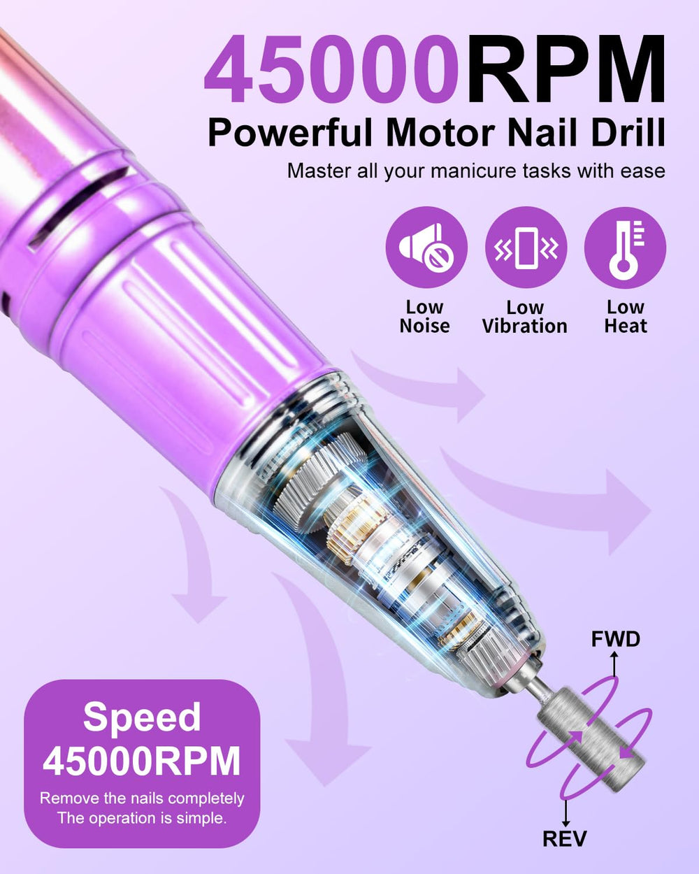 MOSKANY handpiece close-up showing ergonomic grip and low vibration benefit