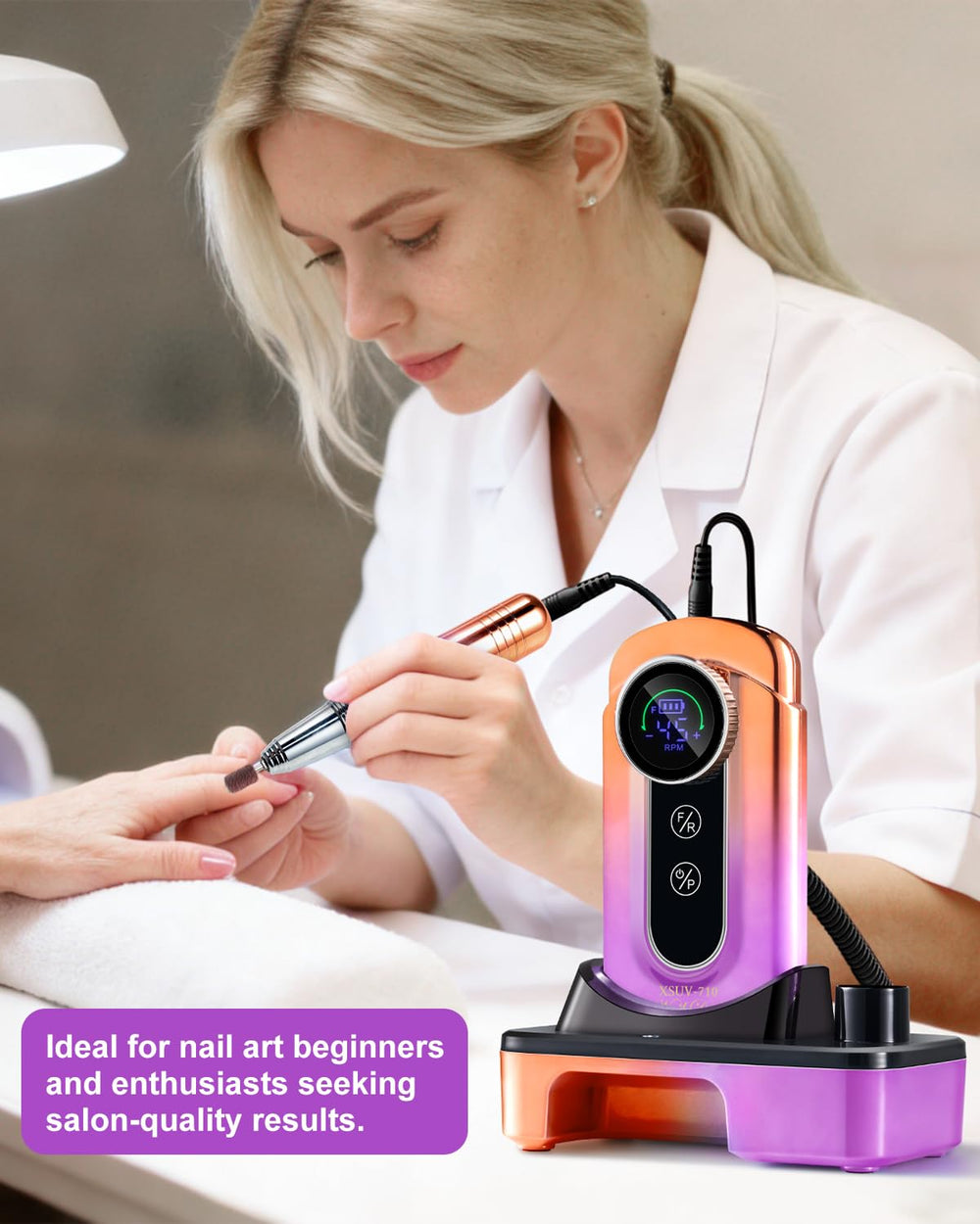 MOSKANY drill in use during manicure demonstrating precise control benefit
