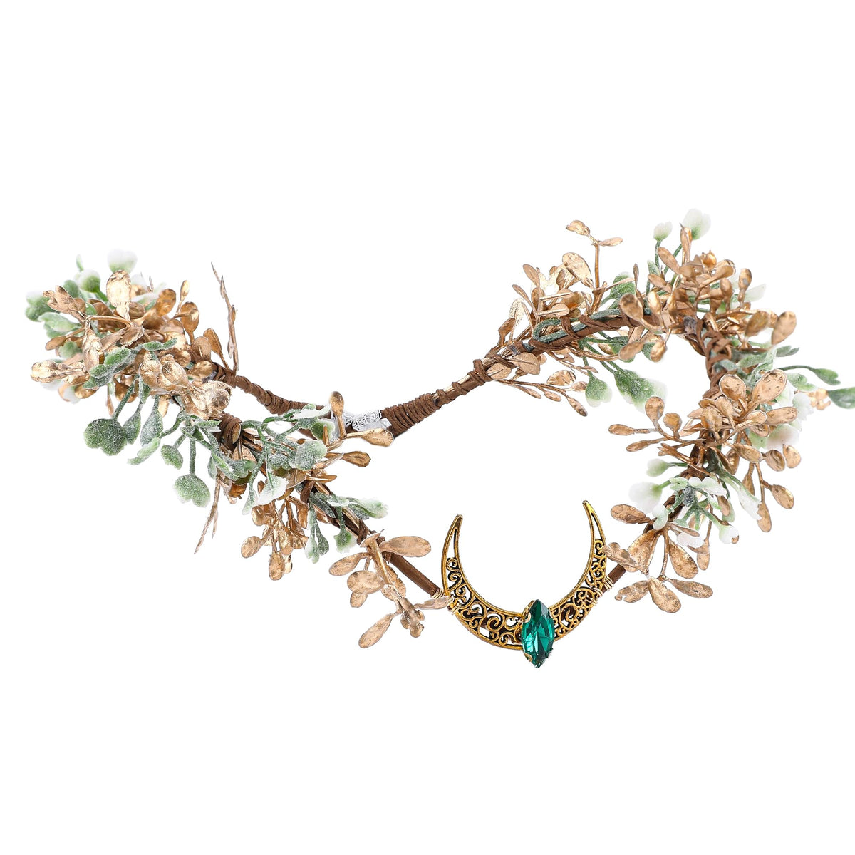 MOSTORY front view of gold moon crown showcasing elegant silhouette and woodland style