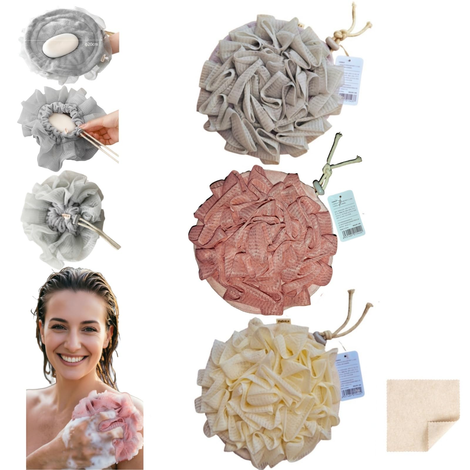 MOSYFEIBI front view of 2-in-1 washcloth loofah showing packaging and features for easy selection