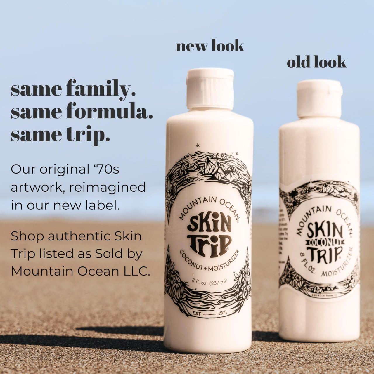 Mountain Ocean bottle staged at the beach conveying fresh, sun-warmed coconut vibe