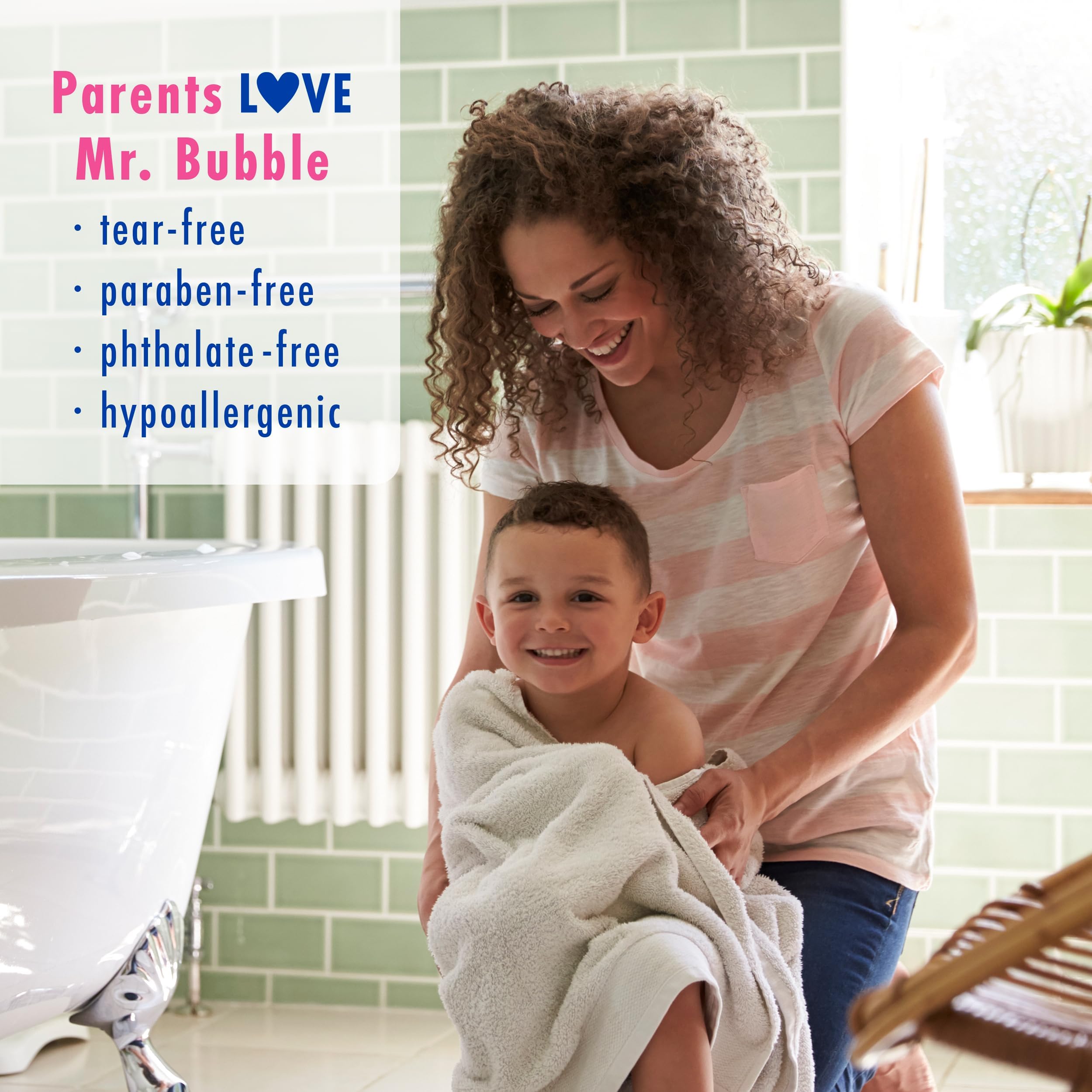 Mr. Bubble producing lots of bubbles in bathtub showing calming play benefit