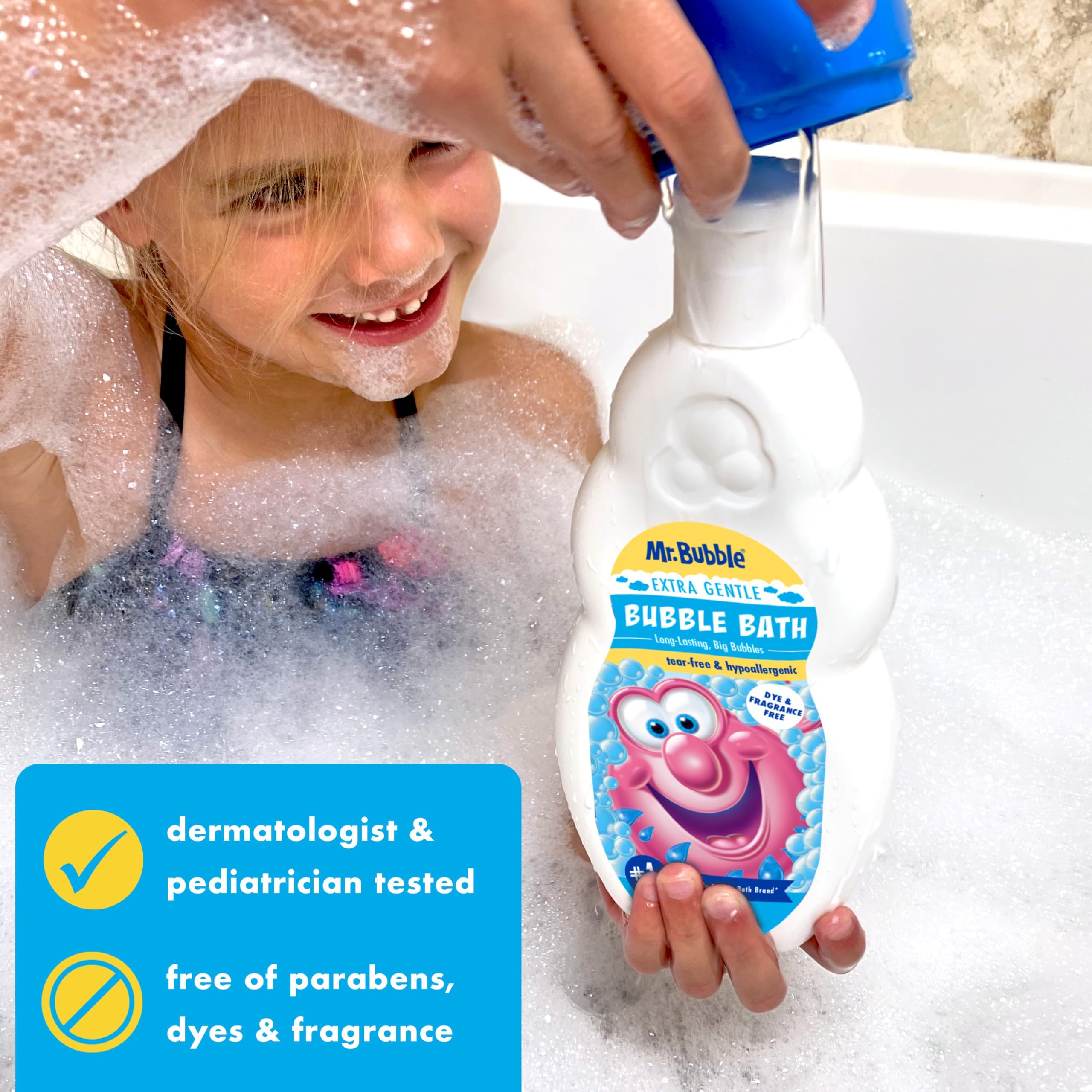 Mr. Bubble used during family bath showing safe gentle bath time benefit