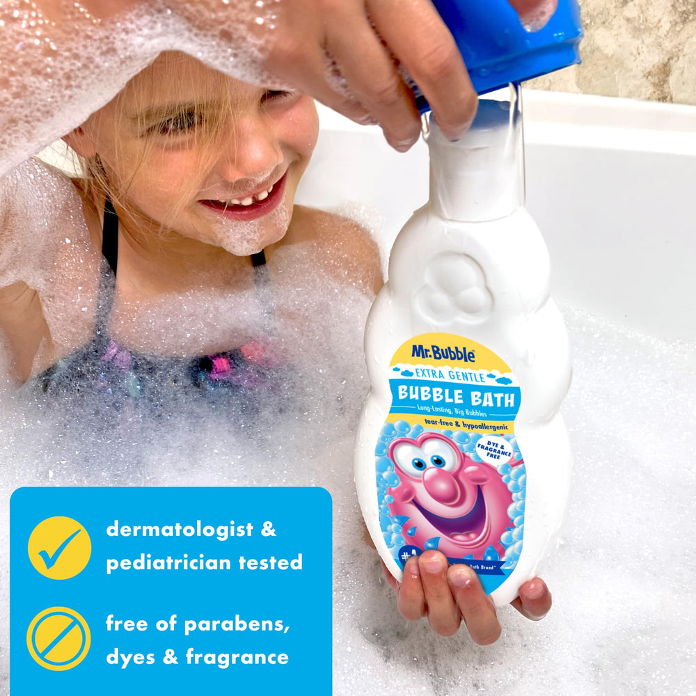 Mr. Bubble used during family bath showing safe gentle bath time benefit