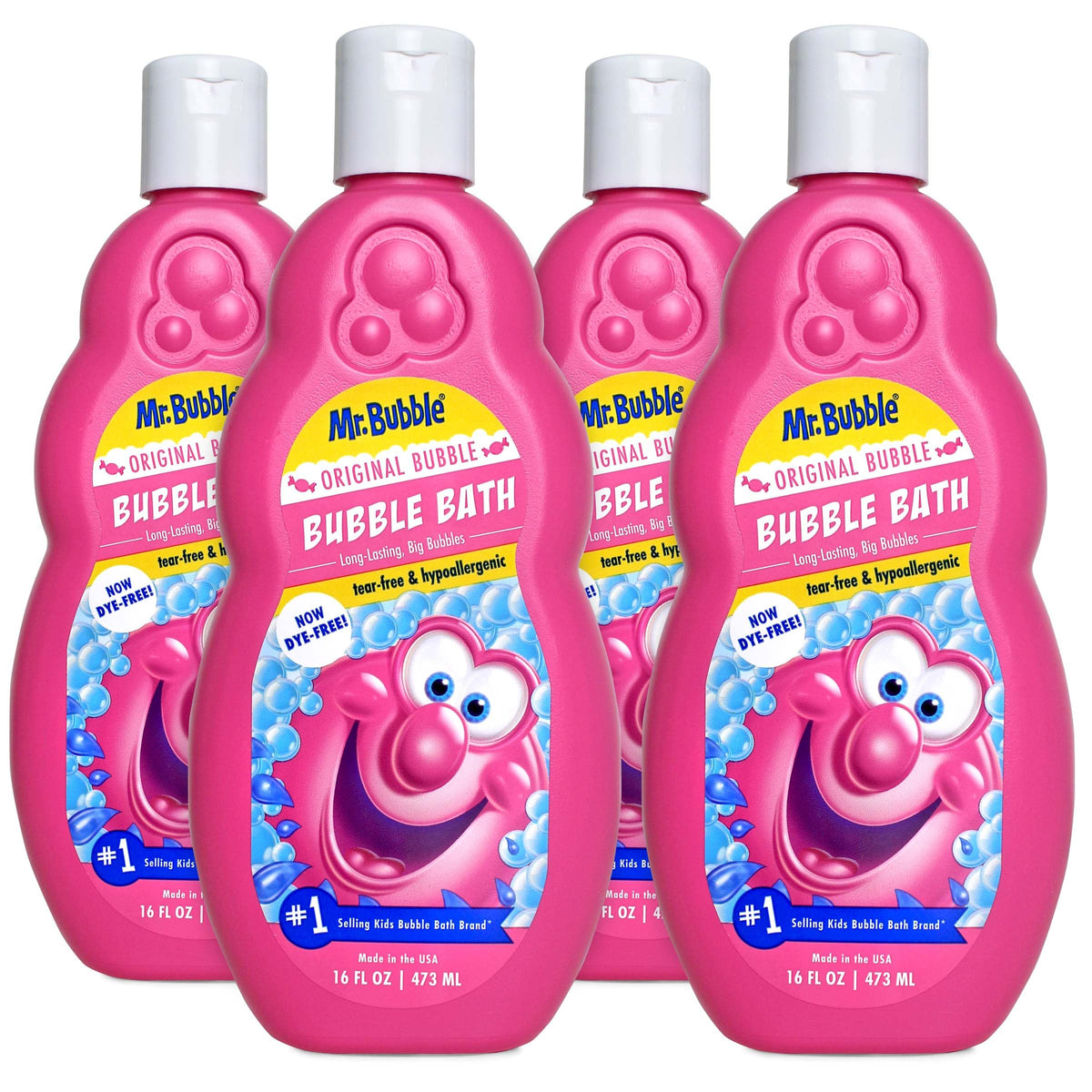 Mr. Bubble front packaging showing four bottles and benefits