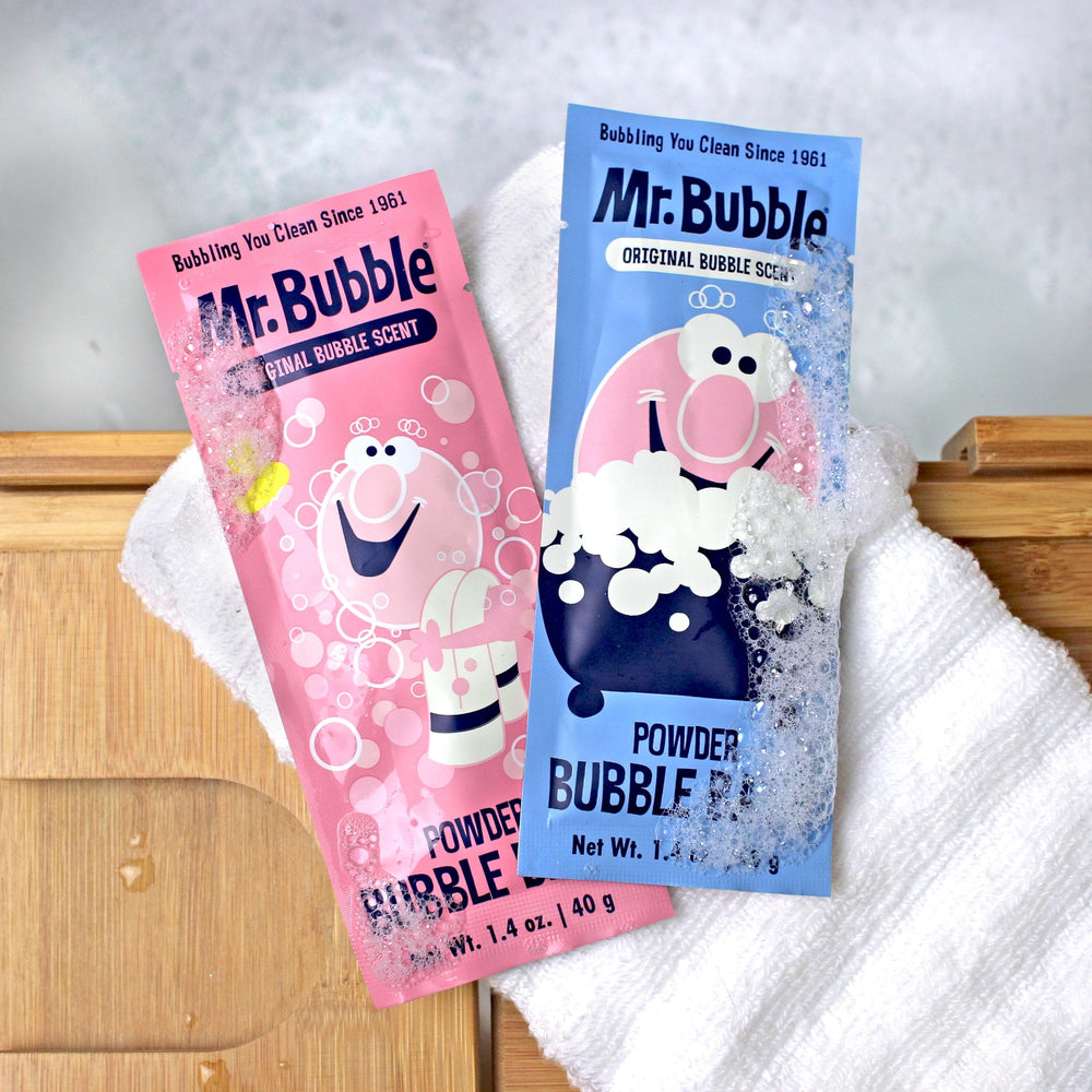 Mr. Bubble open powder texture demonstrating fine granules for quick dissolving benefit