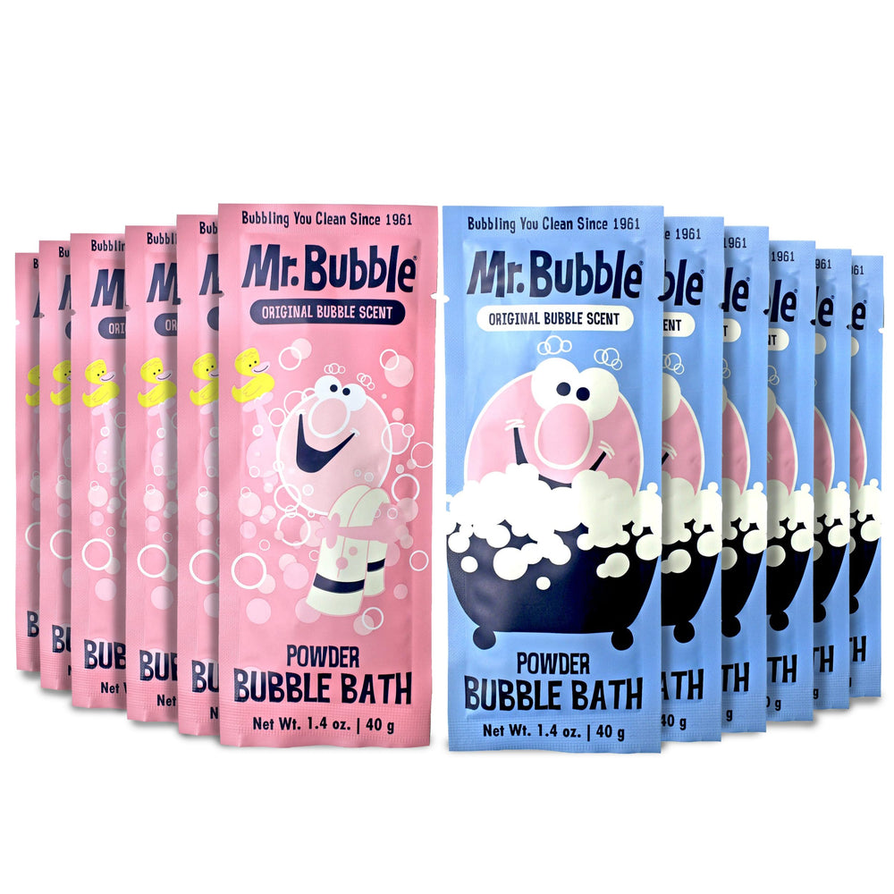 Mr. Bubble packet front portrait showing retro design and easy single-use benefit